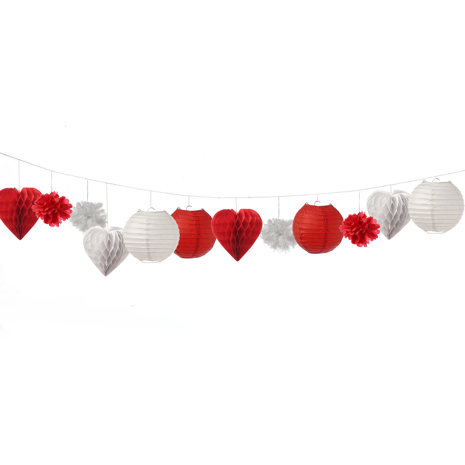 Partyset Papierdekoration 12 Teilig - rot/weiß Lampion, Pompon, Herzen