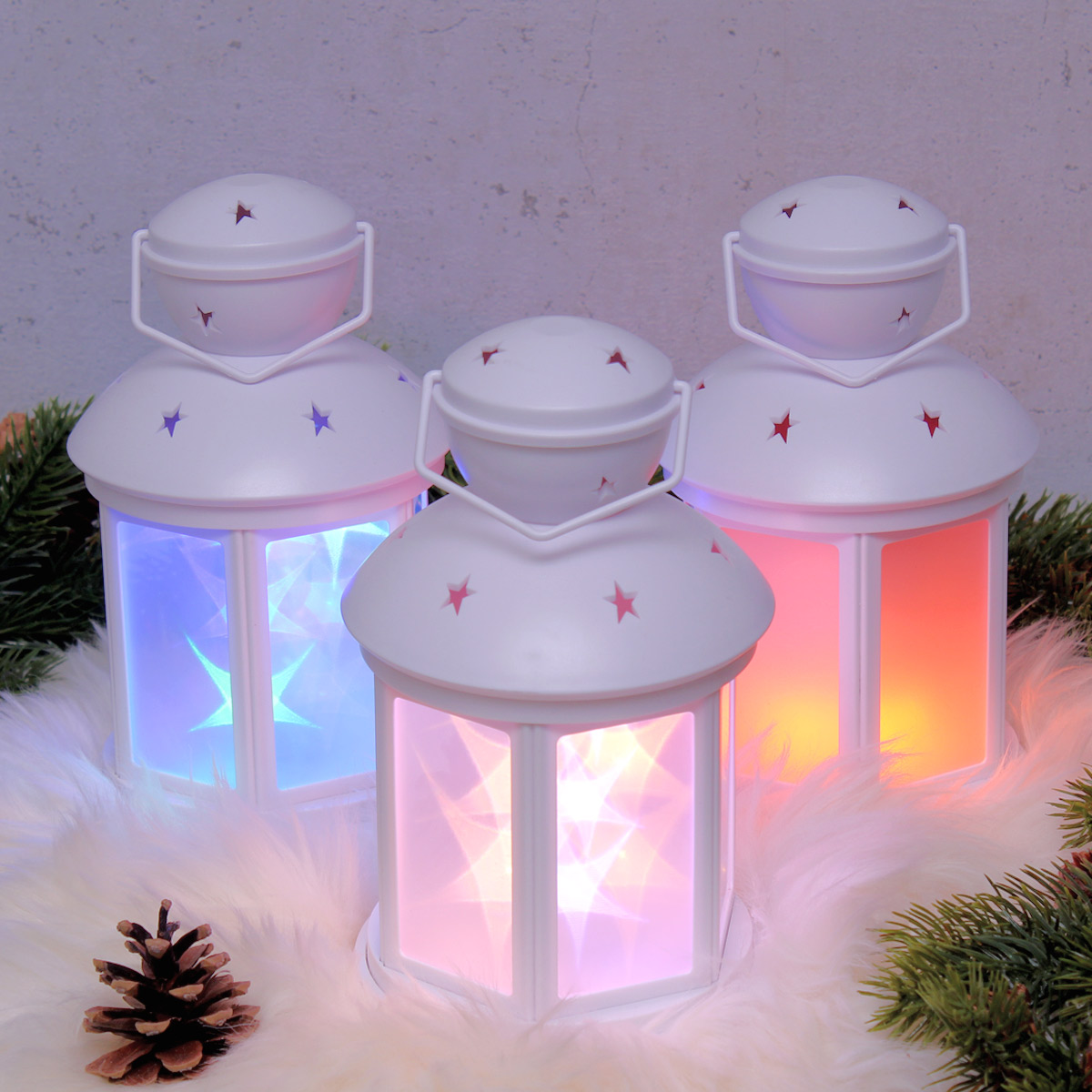 LED Laterne - weiße Sternenmuster - bewegt/Dauerleuchten - H: 22cm - Batteriebetrieb - weiß LED Laterne - weiße Sternenmuster - bewegt/Dauerleuchten - H: 22cm - Batteriebetrieb - weiß