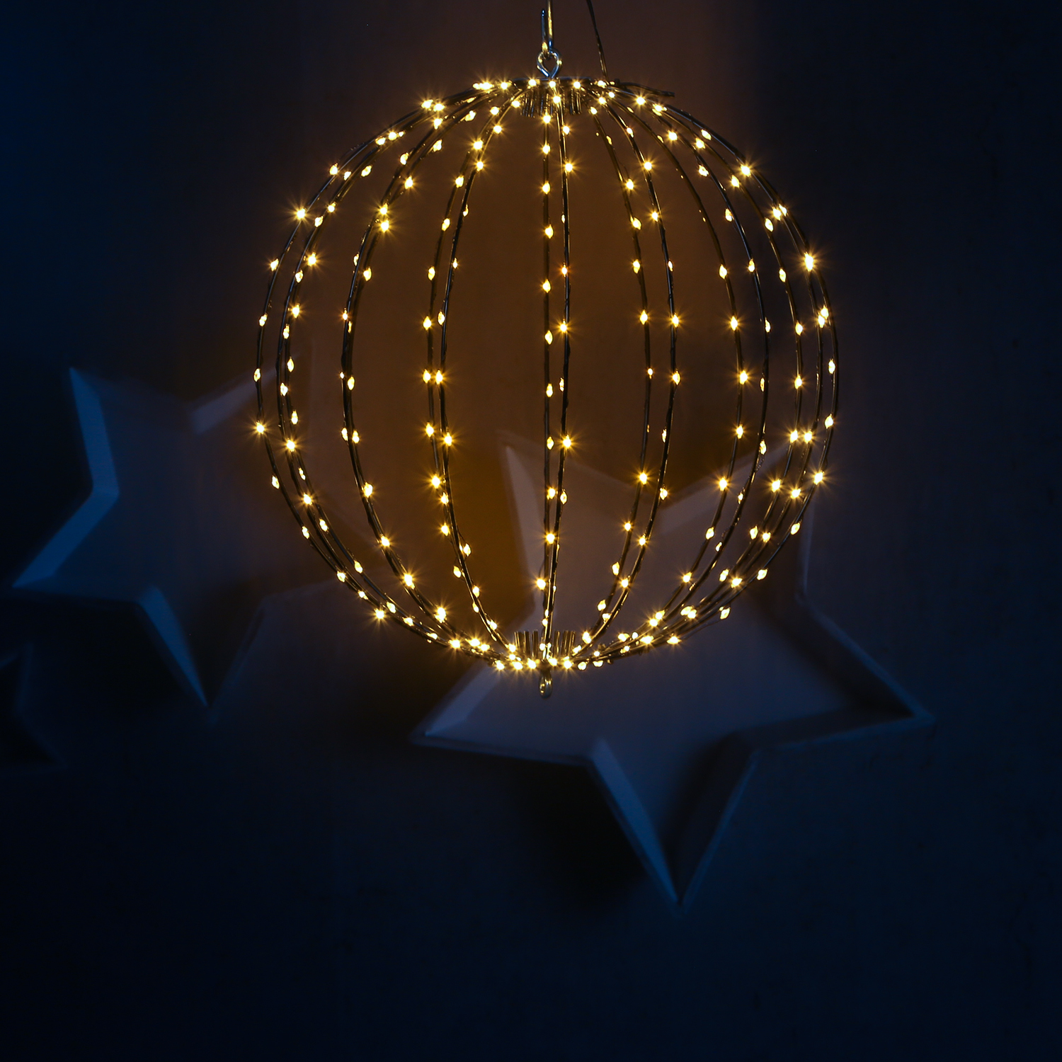 LED Drahtkugel - 3D Leuchtkugel - D: 38cm - 240 bernstein LED - faltbar - 8 Modi/Timer - Innen/Außen