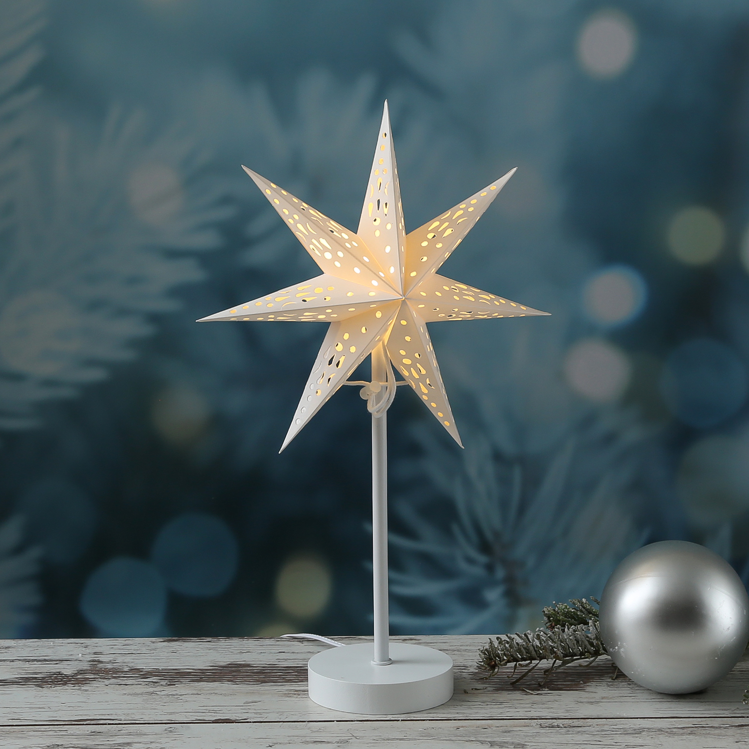 LED Papierstern - 7-zackig - stehend - H: 42cm - 6 warmweiße LED - inkl. Trafo - für Innen - weiß LED Papierstern - 7-zackig - stehend - H: 42cm - 6 warmweiße LED - inkl. Trafo - für Innen - weiß