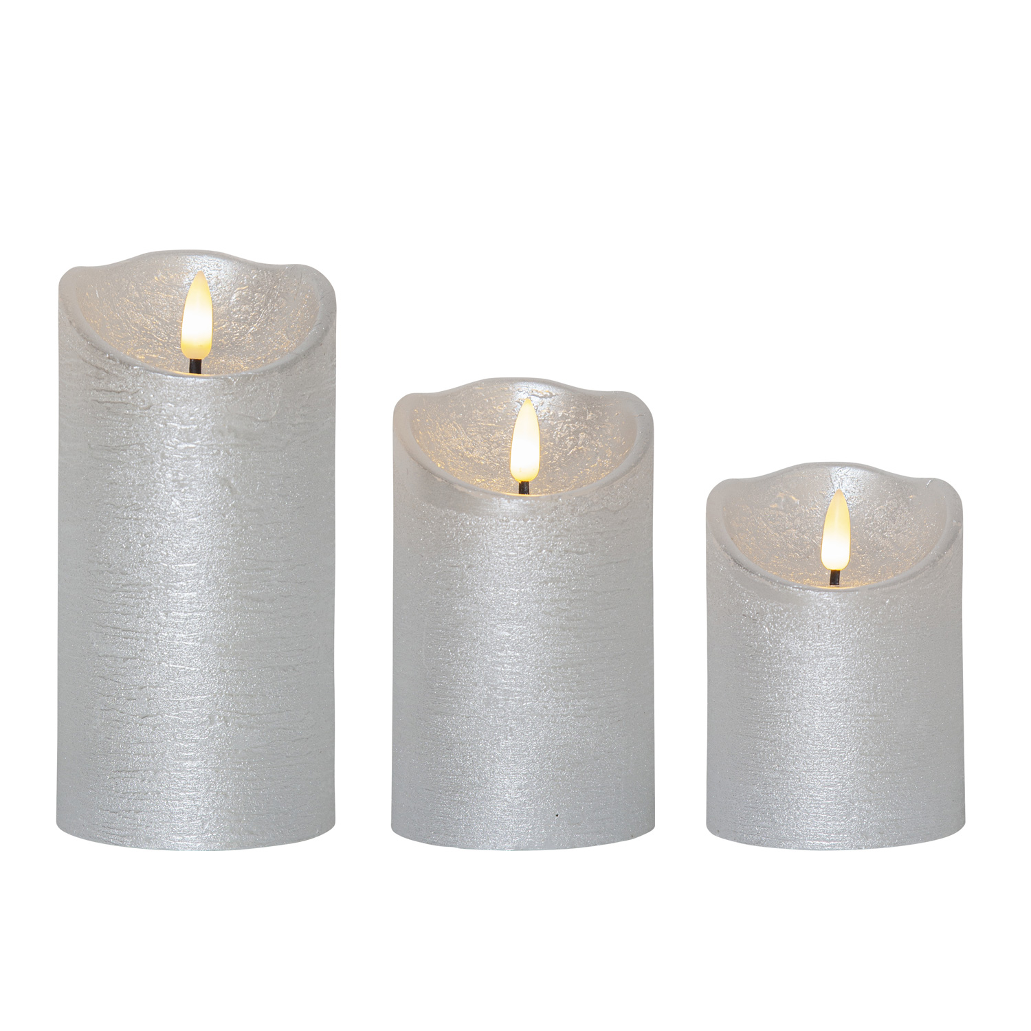 LED Stumpenkerze RUSTIC - Echtwachs - warmweiße 3D Flamme - Batterie - Timer - silber - 3er Set LED Stumpenkerze RUSTIC - Echtwachs - warmweiße 3D Flamme - Batterie - Timer - silber - 3er Set