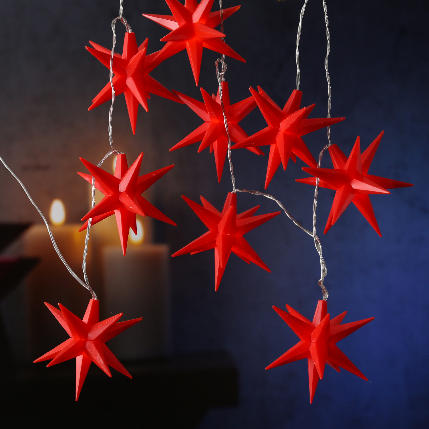 LED Lichterkette 3D Sterne - 10 warmweiße LED - L: 1,45m - Timer - Trafo - für Außen - rot LED Lichterkette 3D Sterne - 10 warmweiße LED - L: 1,45m - Timer - Trafo - für Außen - rot