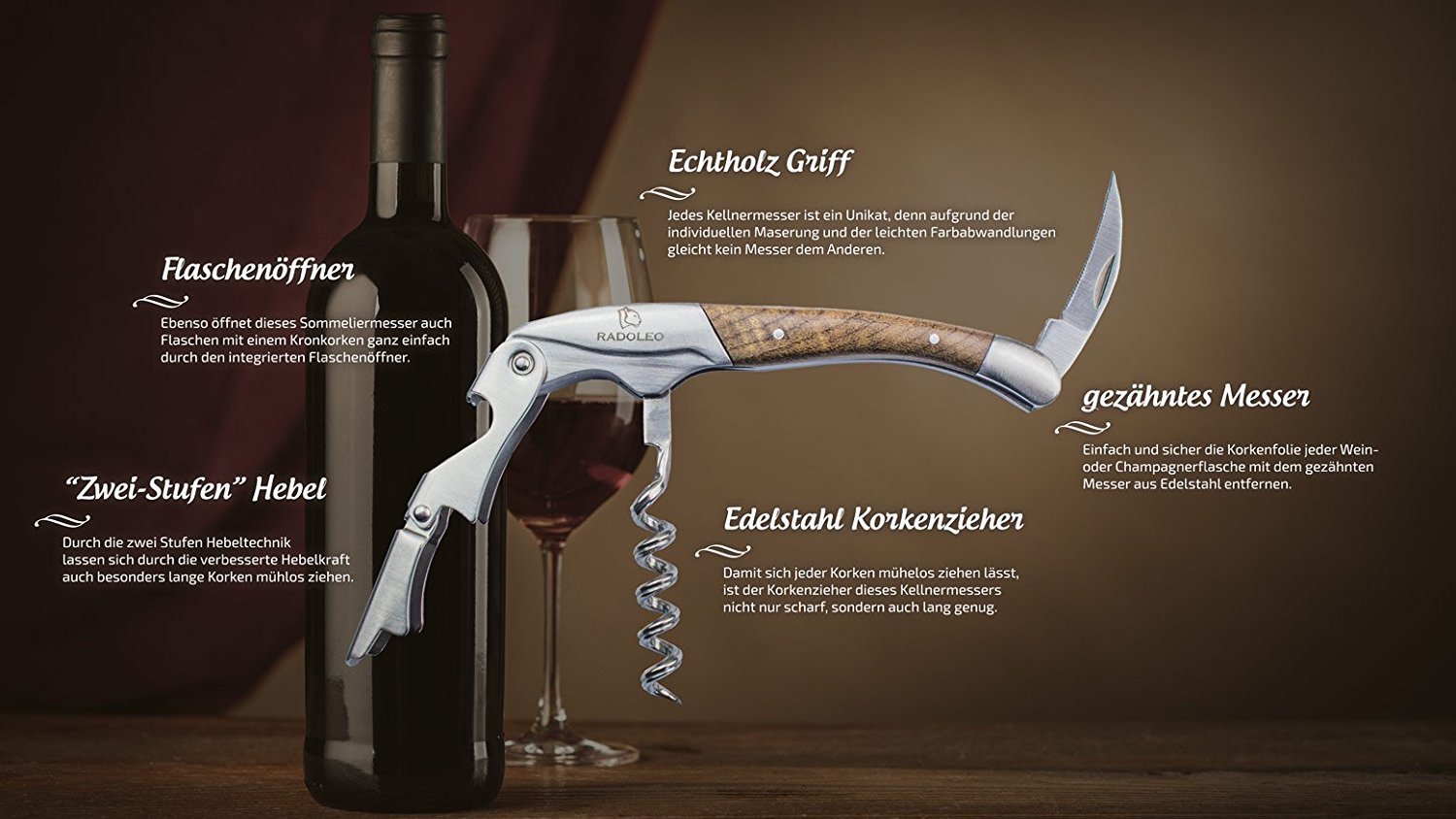 RADOLEO® Kellnermesser GMELIA - Korkenzieher, Weinöffner | Profi Sommeliermesser, Flaschenöffner