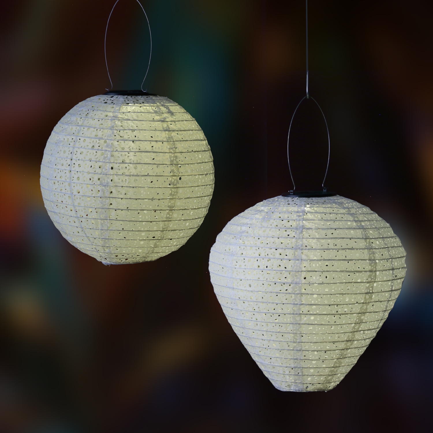 LED Solar Lampion - mit Blumenmuster - D: 25cm/30cm - Lichtsensor - weiß - 2er Set