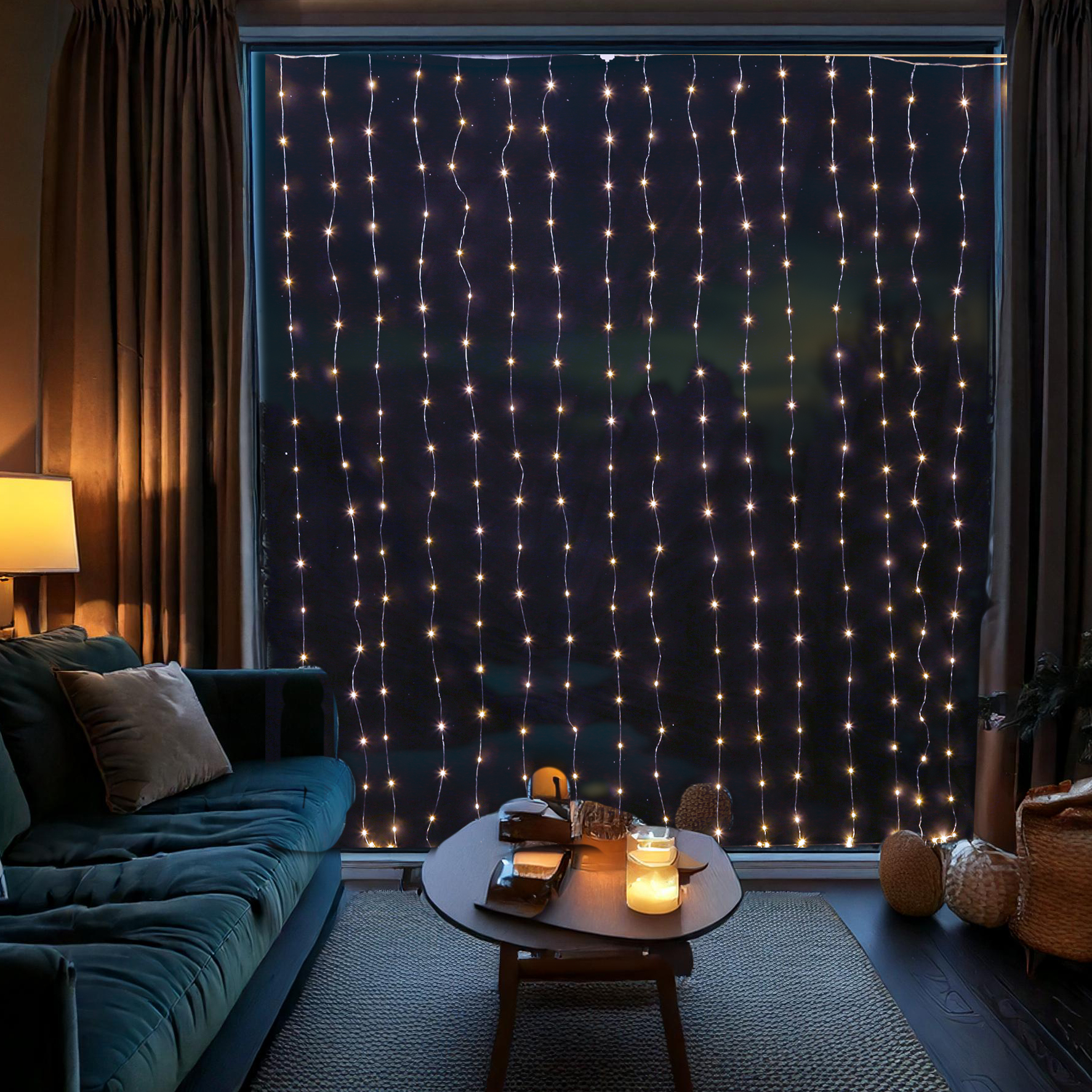 LED Lichtervorhang - 20 Stränge - 400 warmweiße LED - L: 1,9m - H: 2m - Außentrafo - silber LED Lichtervorhang - 20 Stränge - 400 warmweiße LED - L: 1,9m - H: 2m - Außentrafo - silber