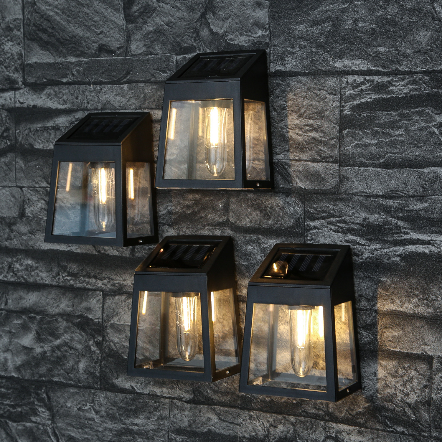 LED Solar Wandleuchten - Kunststoff - warmweiße LED - H: 13cm - Lichtsensor - schwarz - 4er Set