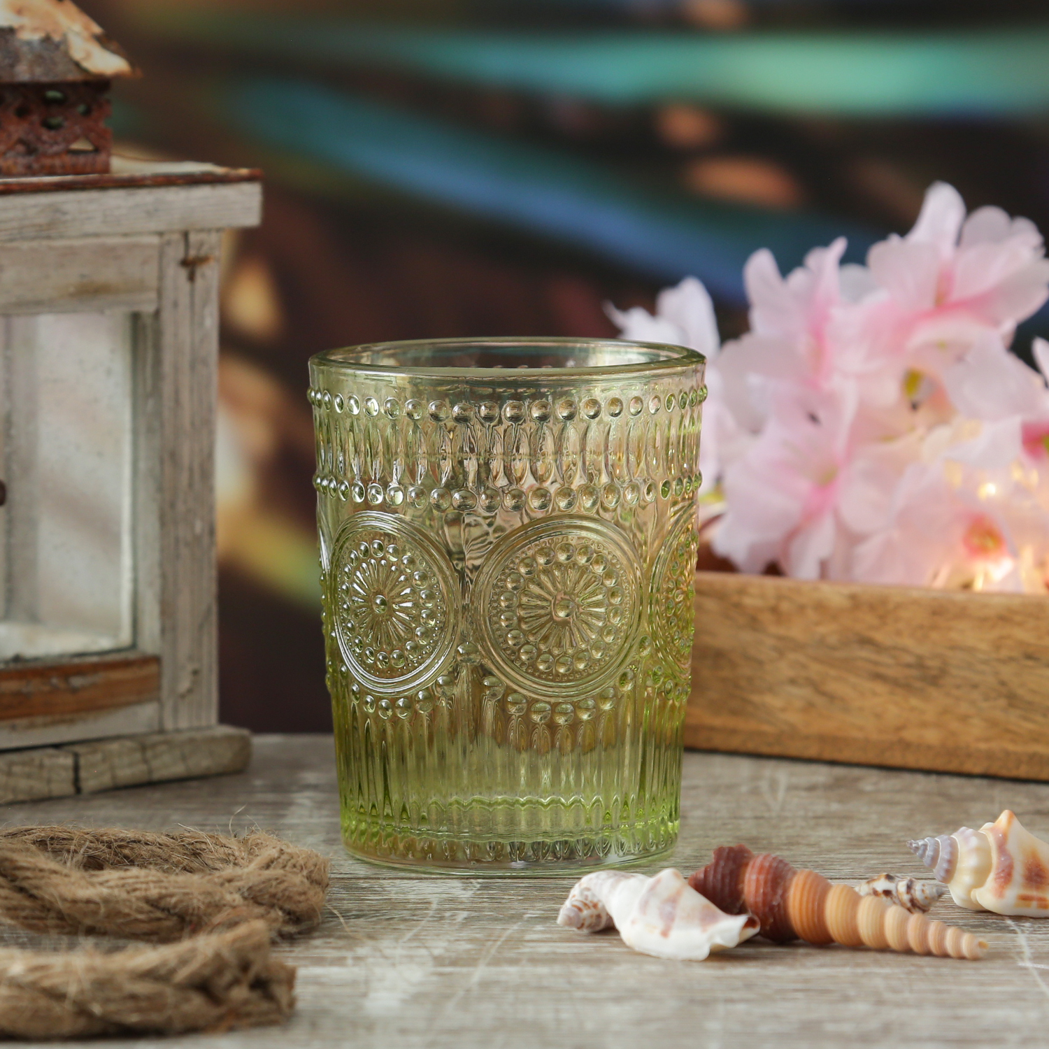 Trinkgläser Vintage - Glas - lebensmittelecht - 280ml - H: 10cm - mit Muster - grün - 4er Set