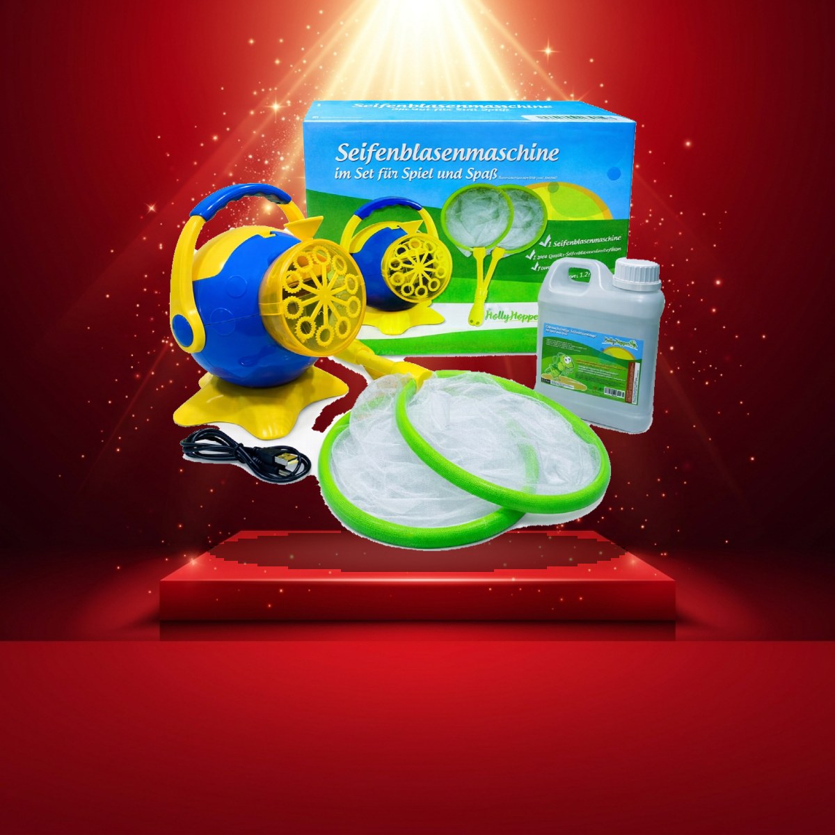 HOLLYHOPPER® Seifenblasenmaschinen Set mit 1L Qualitäts-Fluid, 2x Fang-Kescher