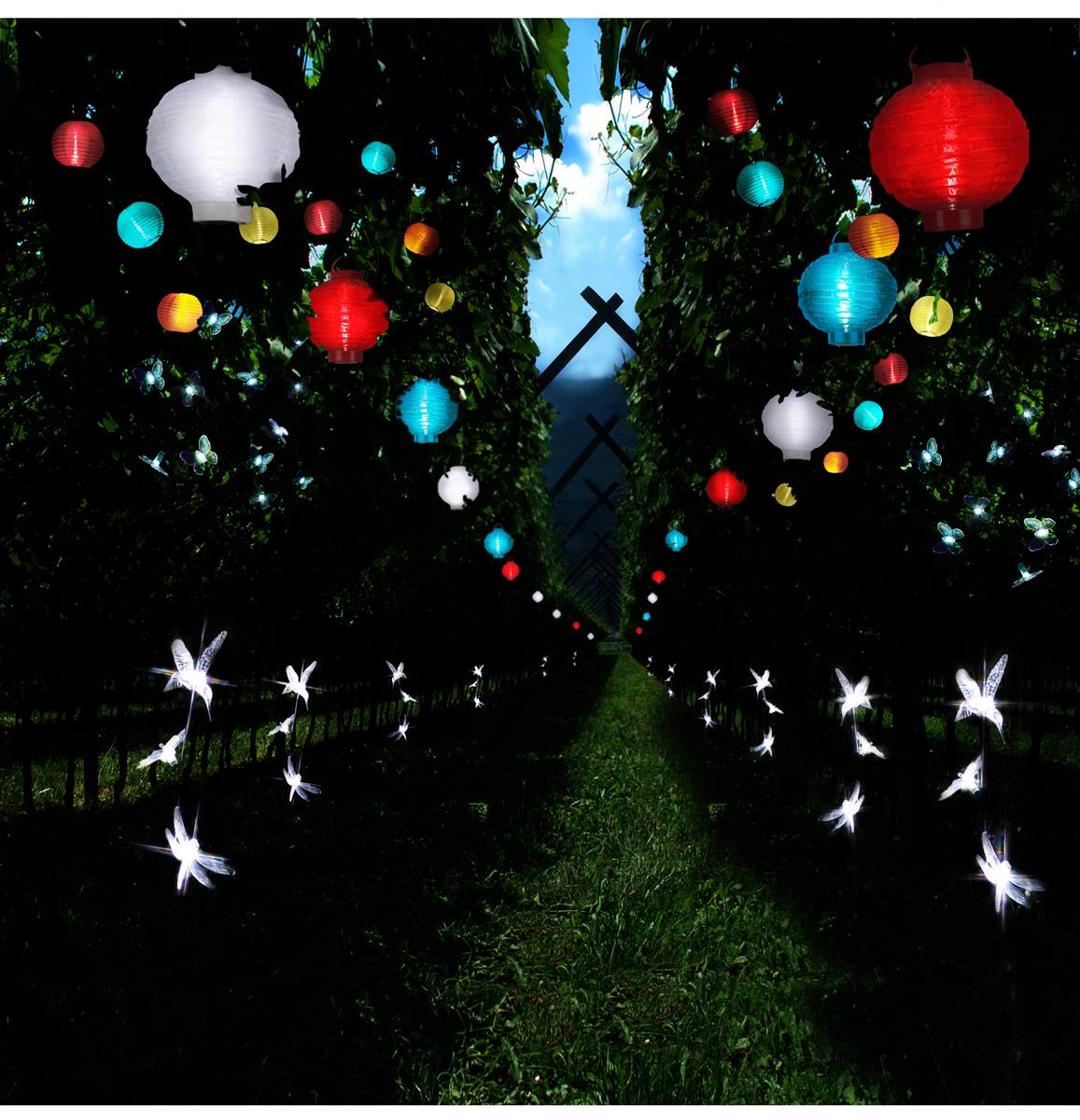 LED Lampion FESTIVAL - kaltweiße LED - D: 20cm - Montagehaken - 5er Set bunt