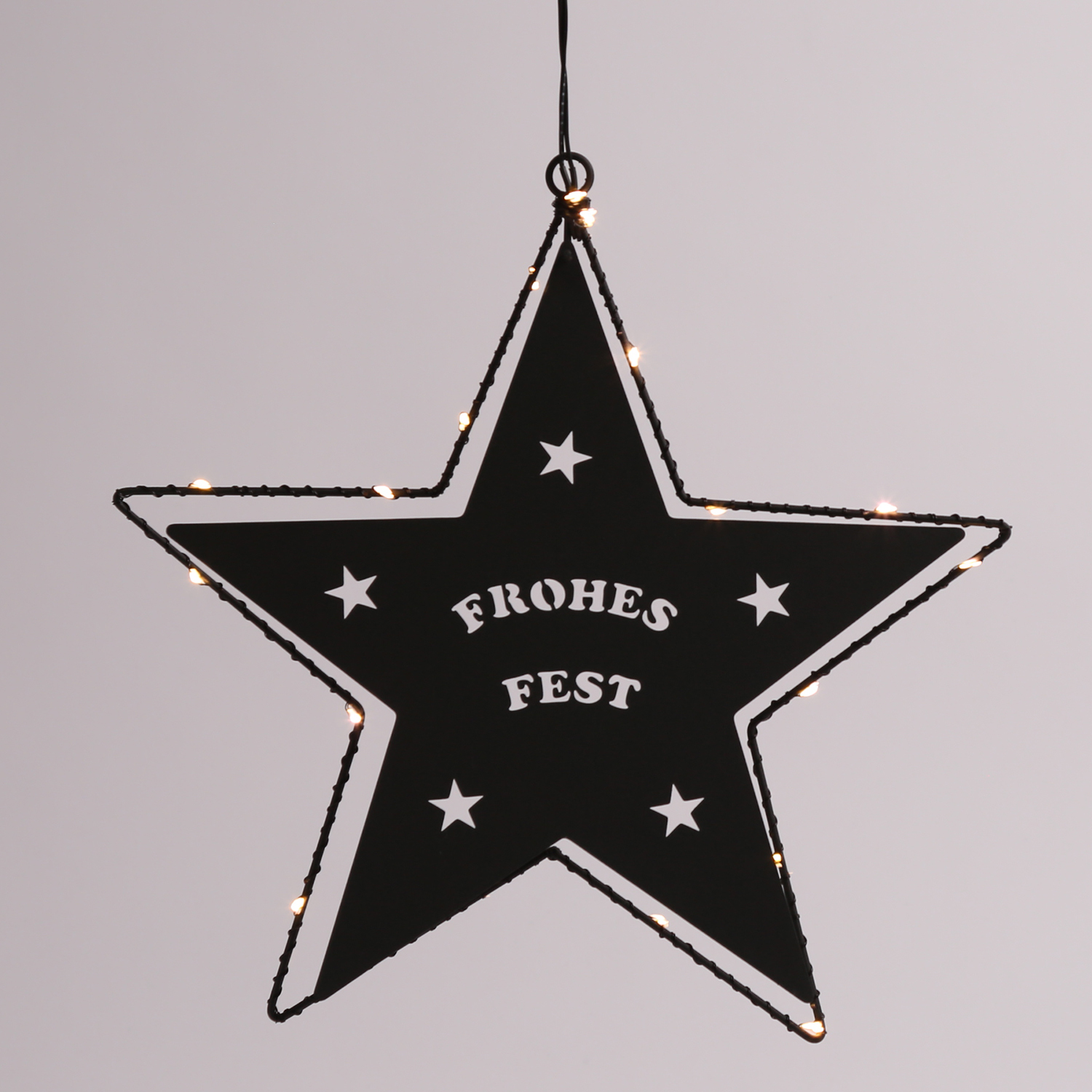 LED Hängestern FROHES FEST - Metallstern - 5-zackig - D: 27cm - 20 LED - Batteriebetrieb - schwarz LED Hängestern FROHES FEST - Metallstern - 5-zackig - D: 27cm - 20 LED - Batteriebetrieb - schwarz