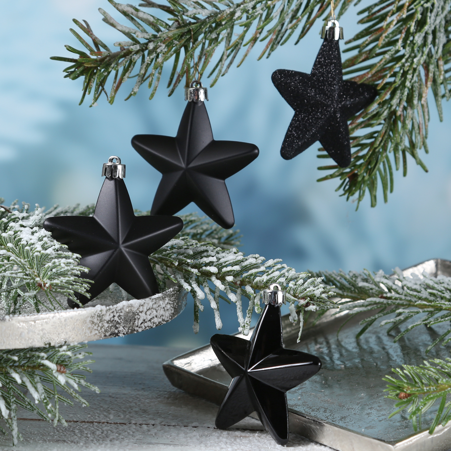Christbaumschmuck STERN - Weihnachtsschmuck - bruchfest - glänzend matt glitzernd - schwarz - 6 Stk. Christbaumschmuck STERN - Weihnachtsschmuck - bruchfest - glänzend matt glitzernd - schwarz - 6 Stk.