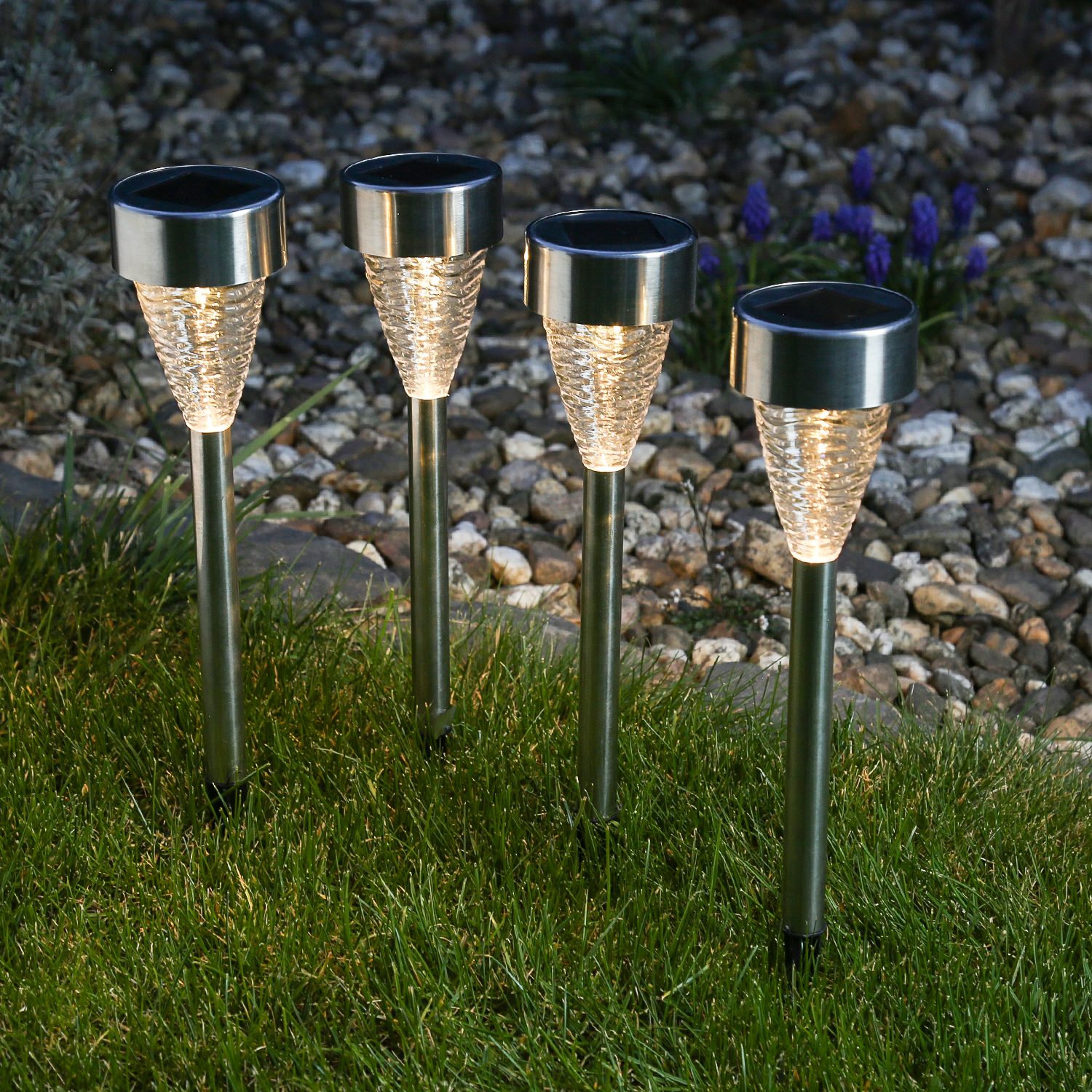 LED Solar Wegleuchten mit Erdspieß - Edelstahl - warmweiße LED - H: 29,5cm - silber - 4er Set