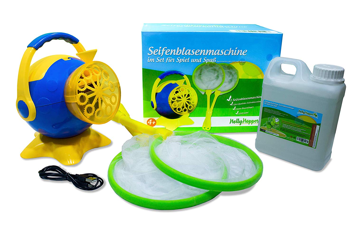 Seifenblasenmaschine Komplettset - inklusive Fluid, 2 x Blasen Kescher und USB Kabel - HOLLYHOPPER Seifenblasenmaschine Komplettset - inklusive Fluid, 2 x Blasen Kescher und USB Kabel - HOLLYHOPPER