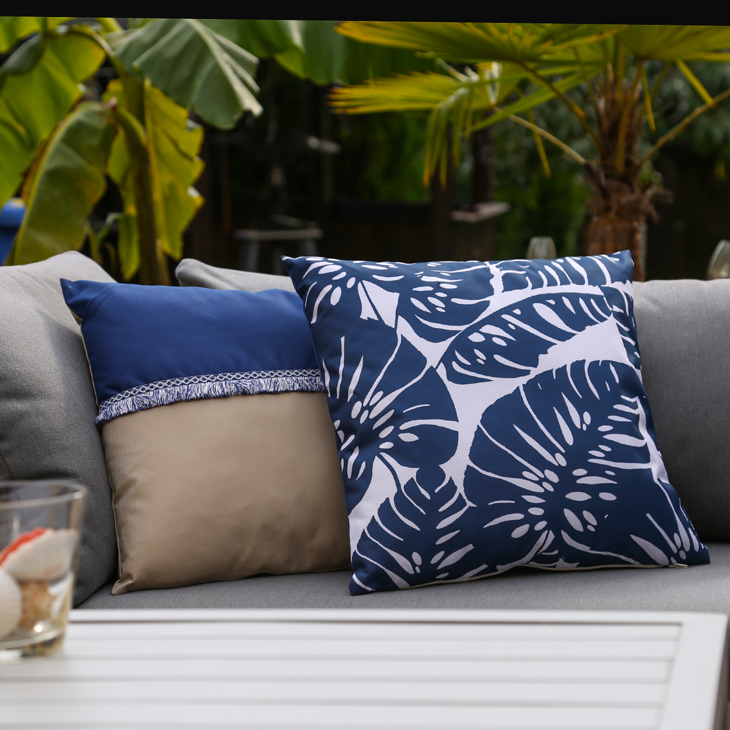 Garten Kissen - Polyester - wasserabweisend - L: 44cm - Außen - blau, beige
