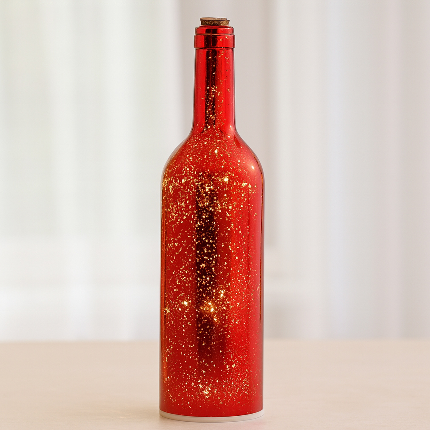 LED Dekoflasche - 8 warmweiße flackernde LED - D 75cm - H 30cm - Batterie - Timer - rot metallic