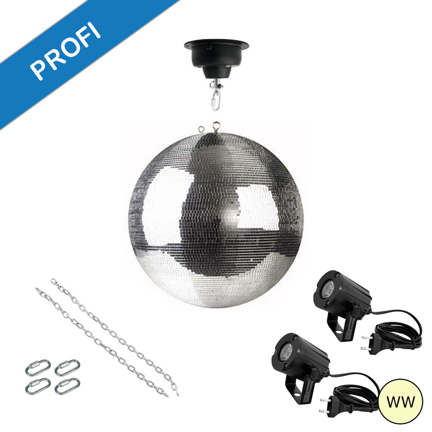 Spiegelkugel Komplettset - Discokugel, Motor, Pinspot, Montagematerial für Diskokugel - Mirrorball Set - Partyset