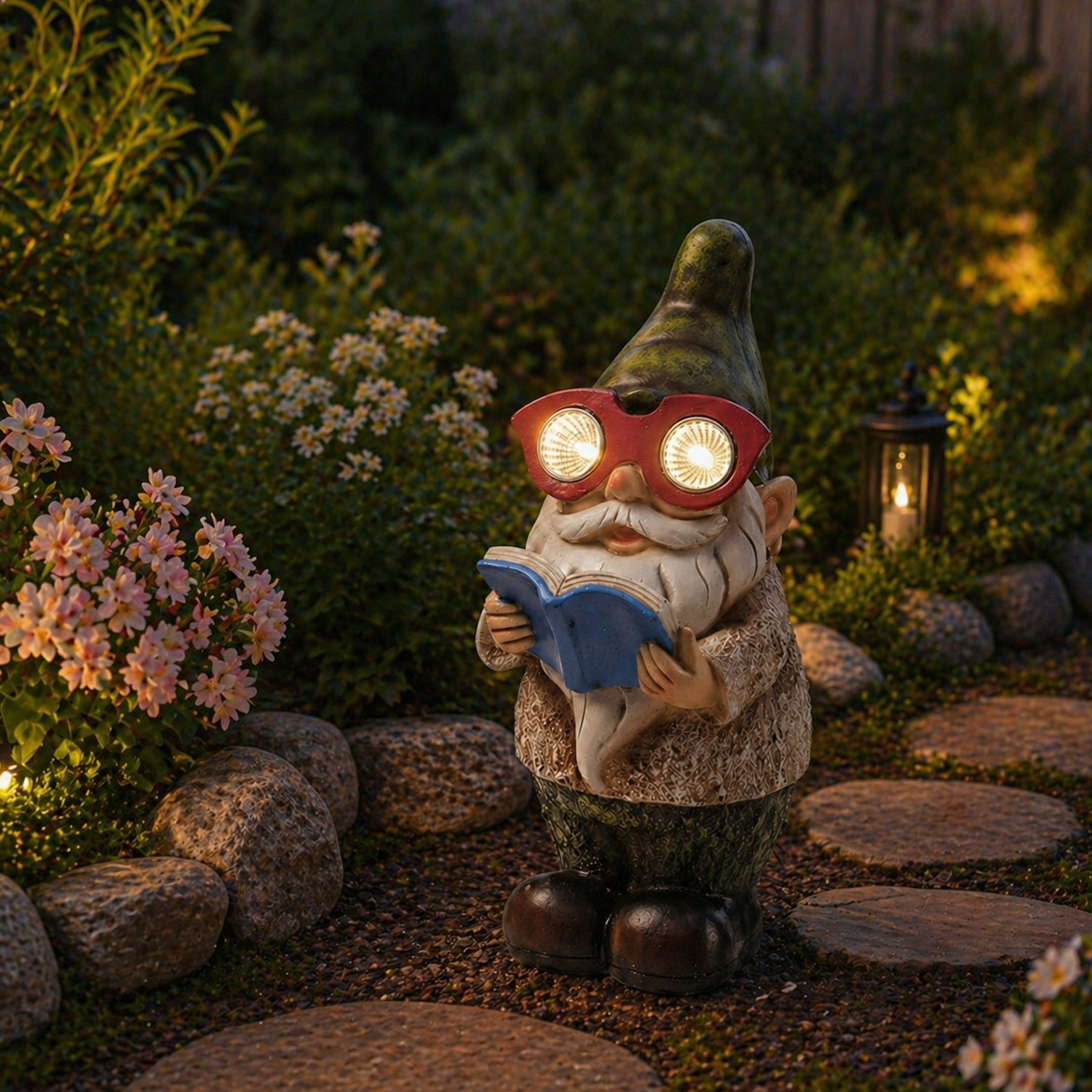 LED Solar Gartenzwerg BÜCHERWURM - Gartenfigur - 2 warmweiße LED - Lichtsensor - H: 24,5cm - grün