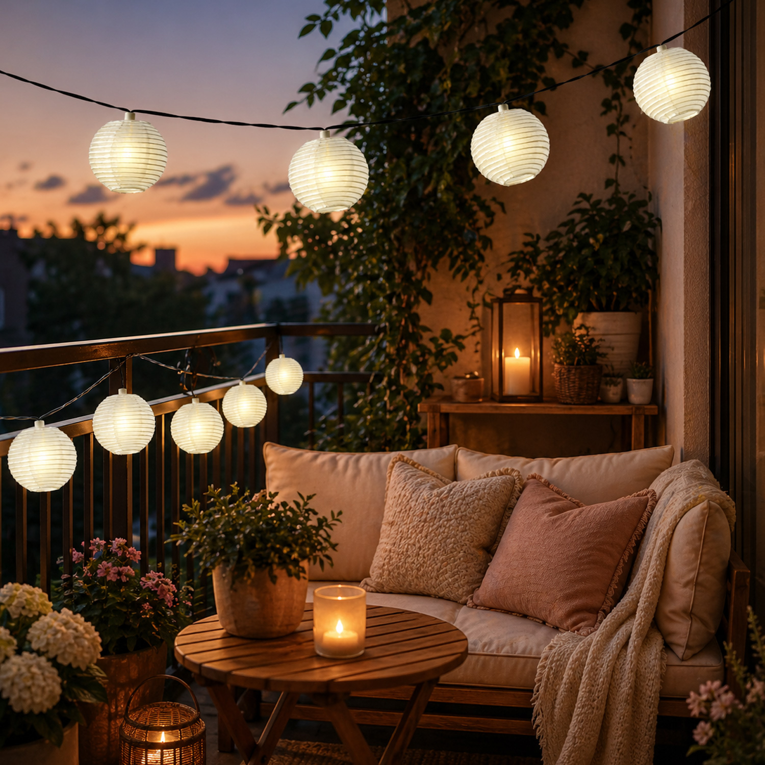 LED Lichterkette LAMPIONS - 20 warmweiße LED - L: 5,7m - 8 Leuchtfunktionen - Außentrafo - weiß