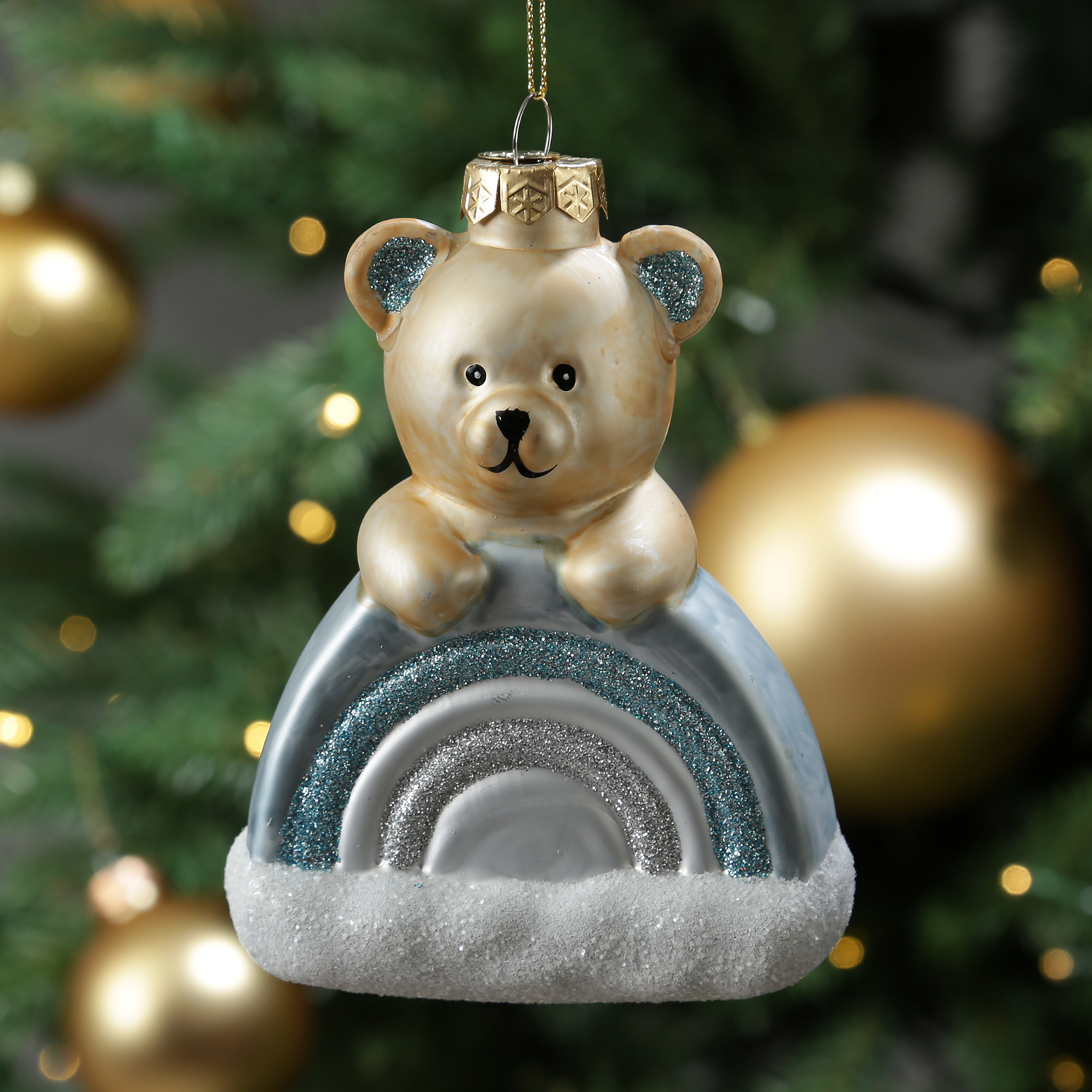 Weihnachtsbaumschmuck Teddybär mit Regenbogen - Christbaumschmuck - Glas - H: 13,5cm - blau Weihnachtsbaumschmuck Teddybär mit Regenbogen - Christbaumschmuck - Glas - H: 13,5cm - blau