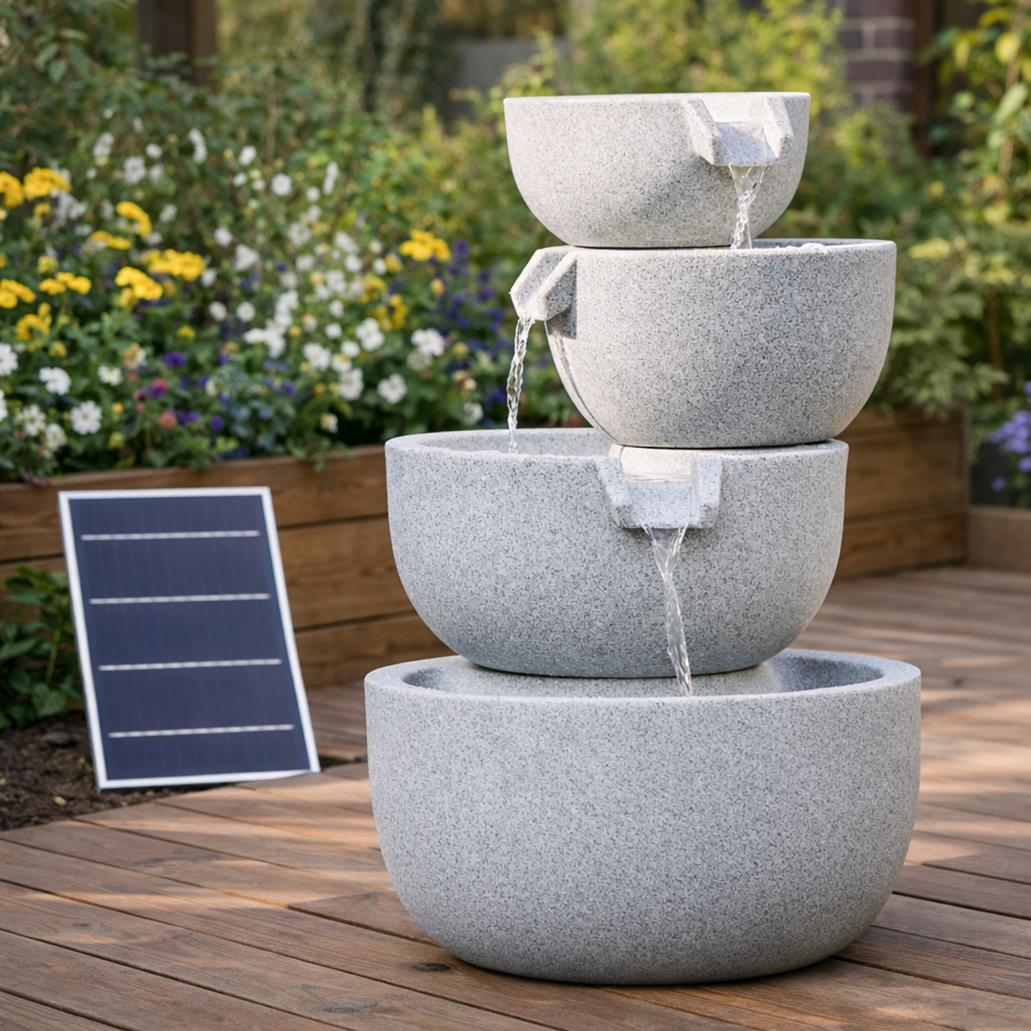 Outdoor Schalenbrunnen - 3 Kaskaden Solar LED Beleuchtung