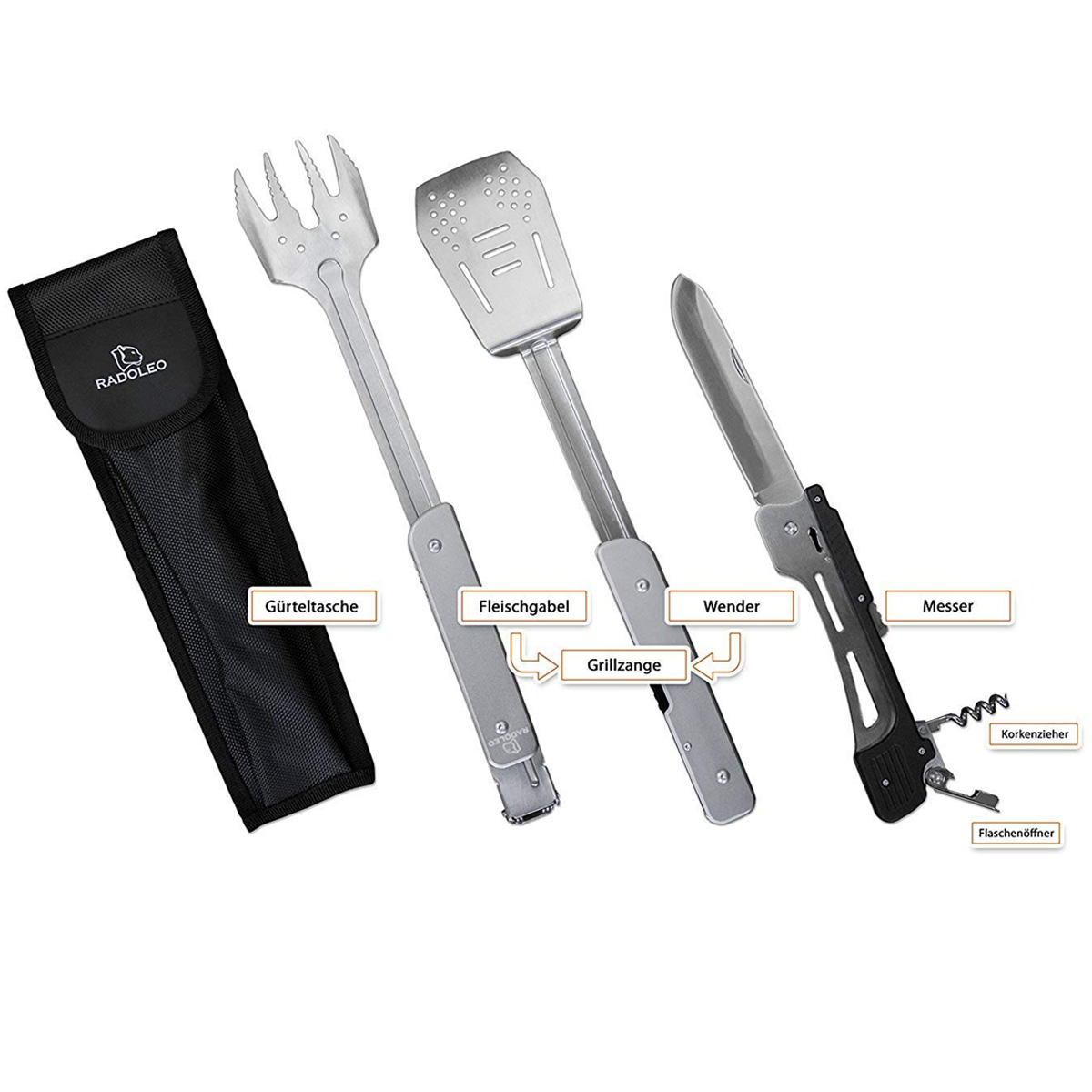 RADOLEO® Grill-Multi-Tool GENIUS Grillbesteck | Zange, Wender, Grillmesser, Fleischgabel, Flaschenöffner, Korkenzieher RADOLEO® Grill-Multi-Tool GENIUS Grillbesteck | Zange, Wender, Grillmesser, Fleischgabel, Flaschenöffner, Korkenzieher