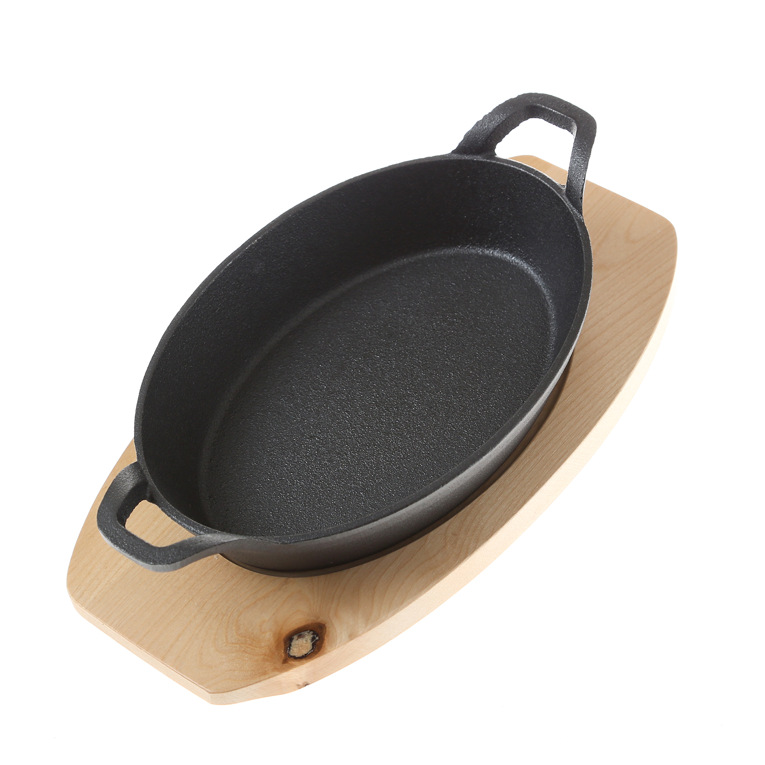 Gusspfanne mit 2 Griffen u. Holzuntersetzer - Gusseisen - L: 24cm - Servierpfanne - oval
