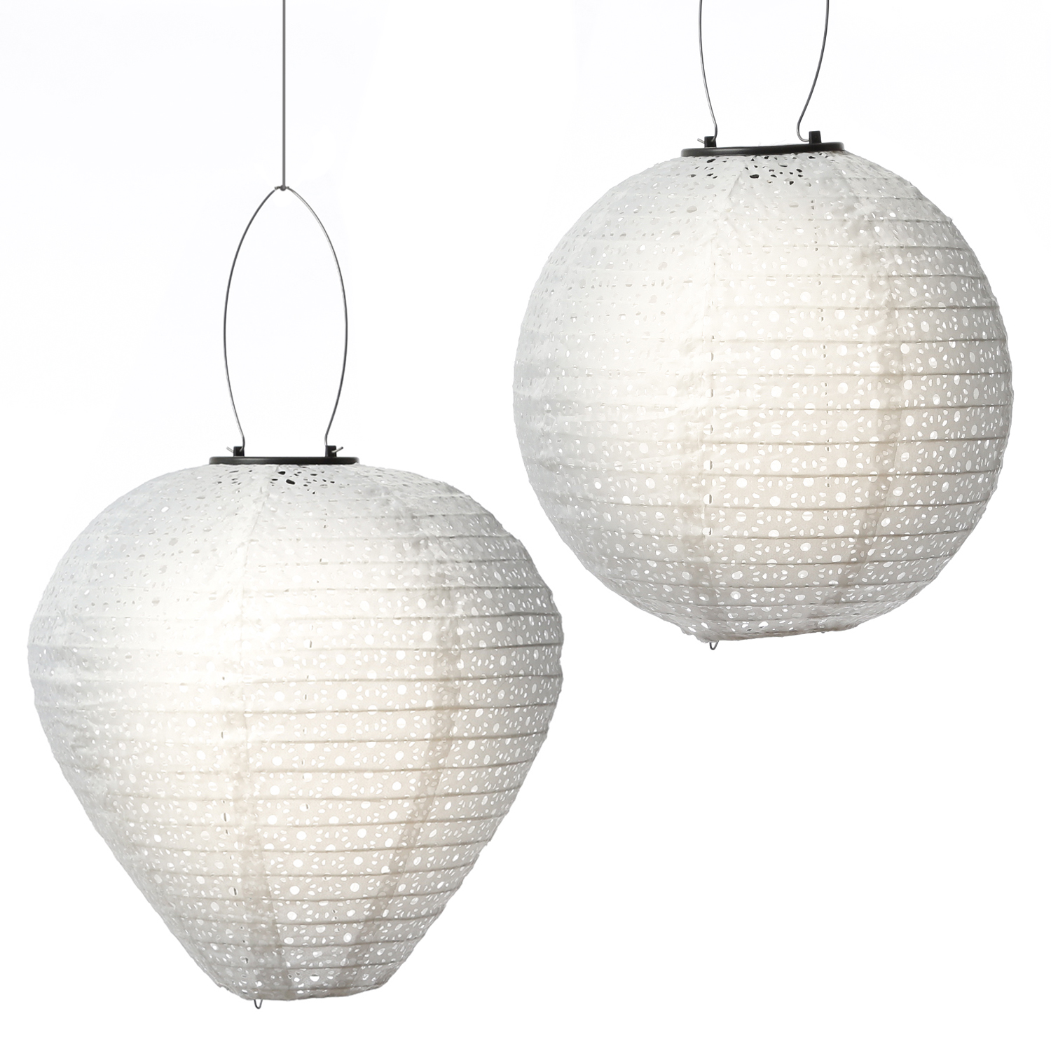 LED Solar Lampion - mit Blumenmuster - D: 25cm/30cm - Lichtsensor - weiß - 2er Set