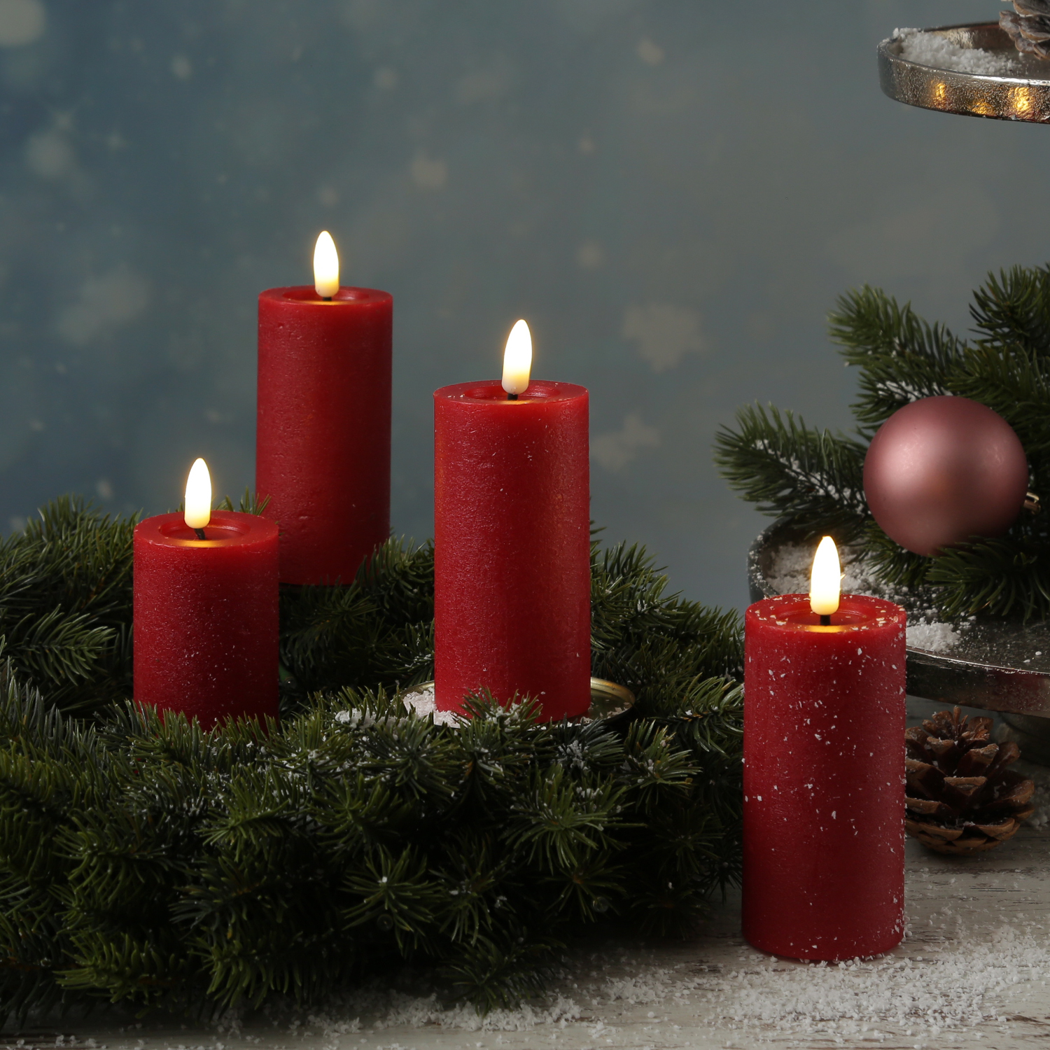 LED Kerzenset LINA - Rustik-Optik - Echtwachs - H: 12,5cm - D: 5cm - Timer - rot - 4er Set