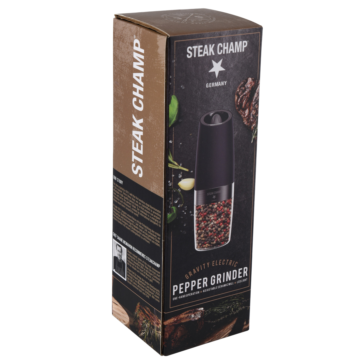 STEAK CHAMP Pfeffermühle mit Kippsensor und LED Licht - Keramikmahlwerk