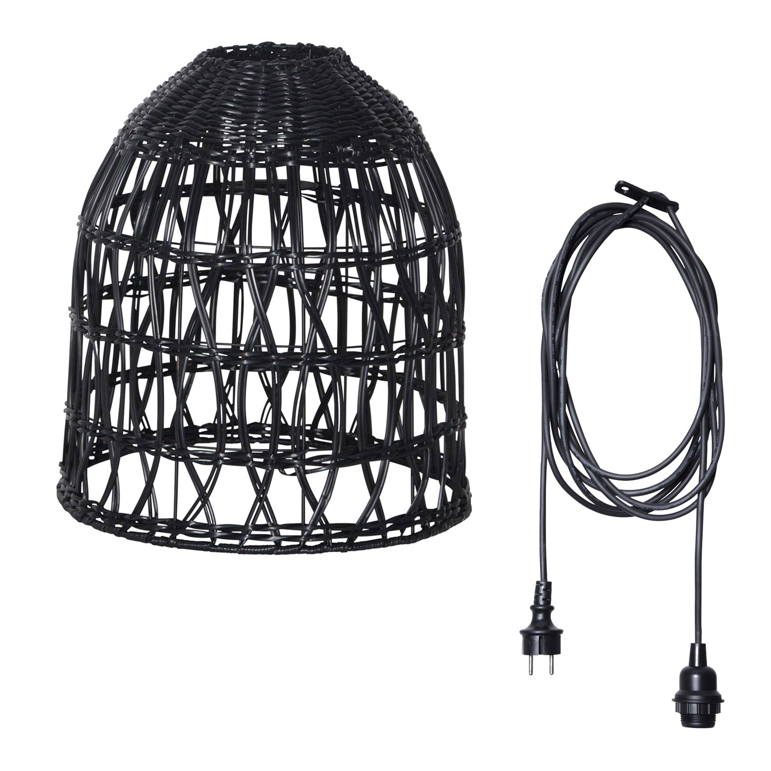 Lampenschirm BELL wetterfest - Rattan-Optik - mit E27 Kabelfassung - D: 30cm/H: 33cm - schwarz