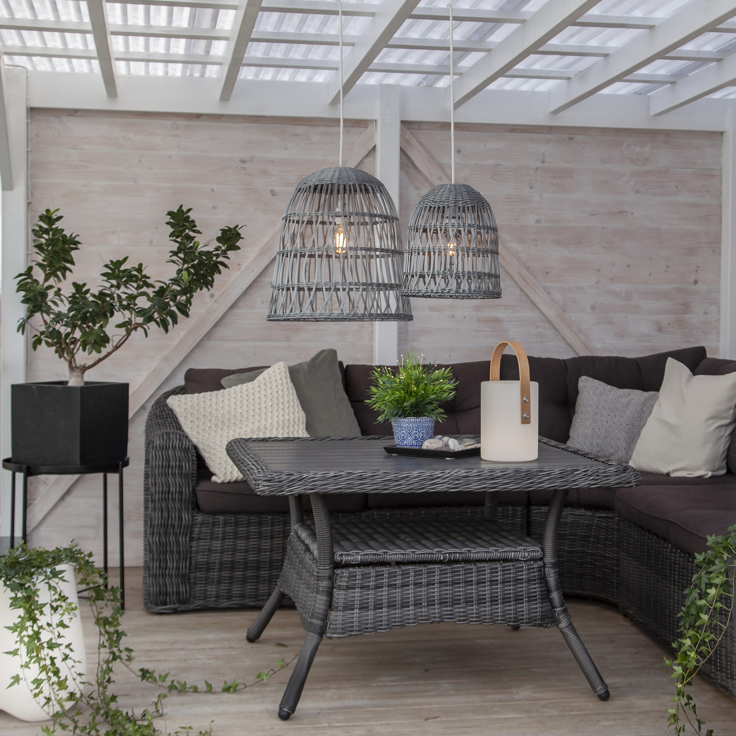 Lampenschirm BELL wetterfest - Rattan-Optik - mit E27 Kabelfassung - D: 48cm/H: 50cm - grau