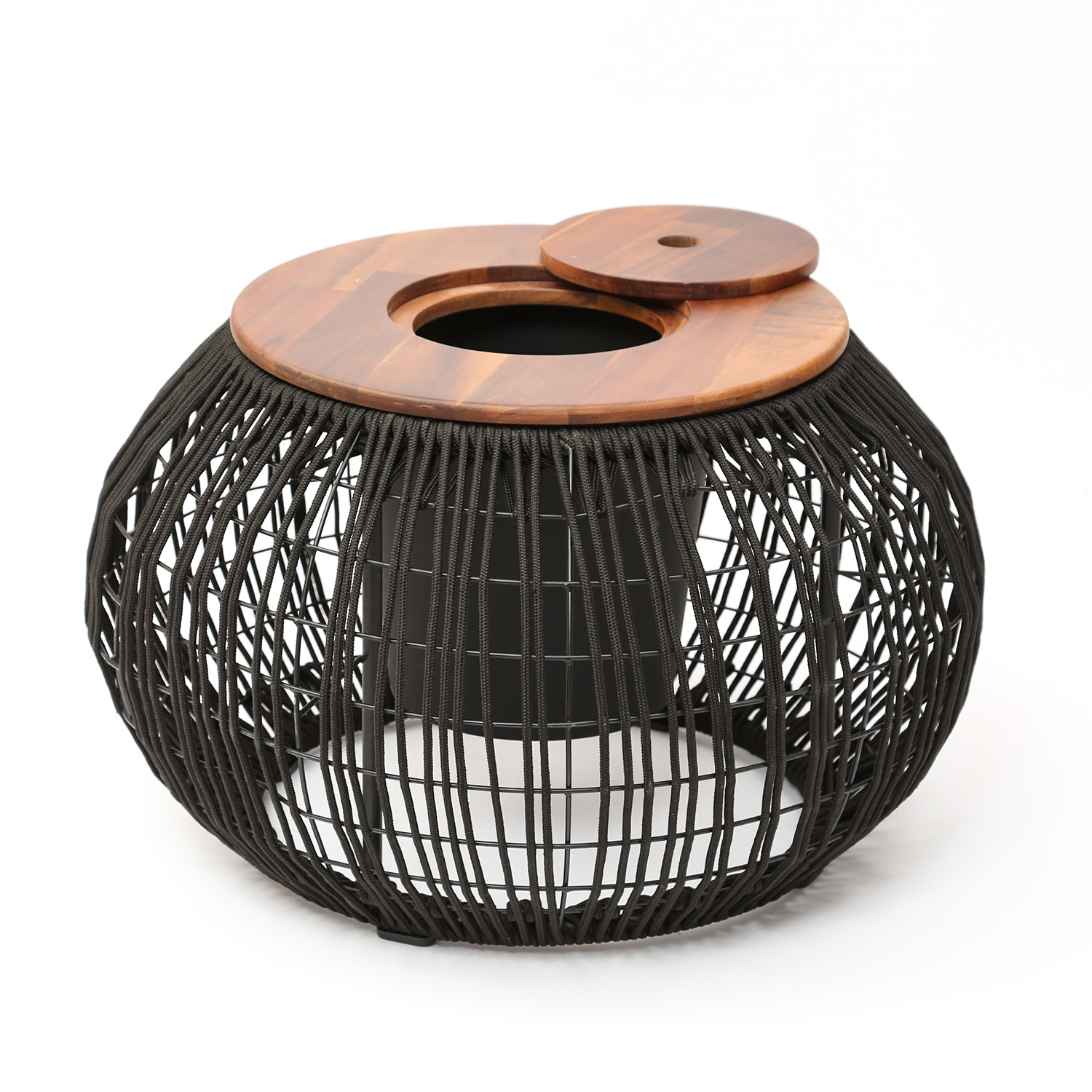 Garten Beistelltisch - integrierter Behälter - Kunststoffseil - H: 37cm - D: 58cm - schwarz