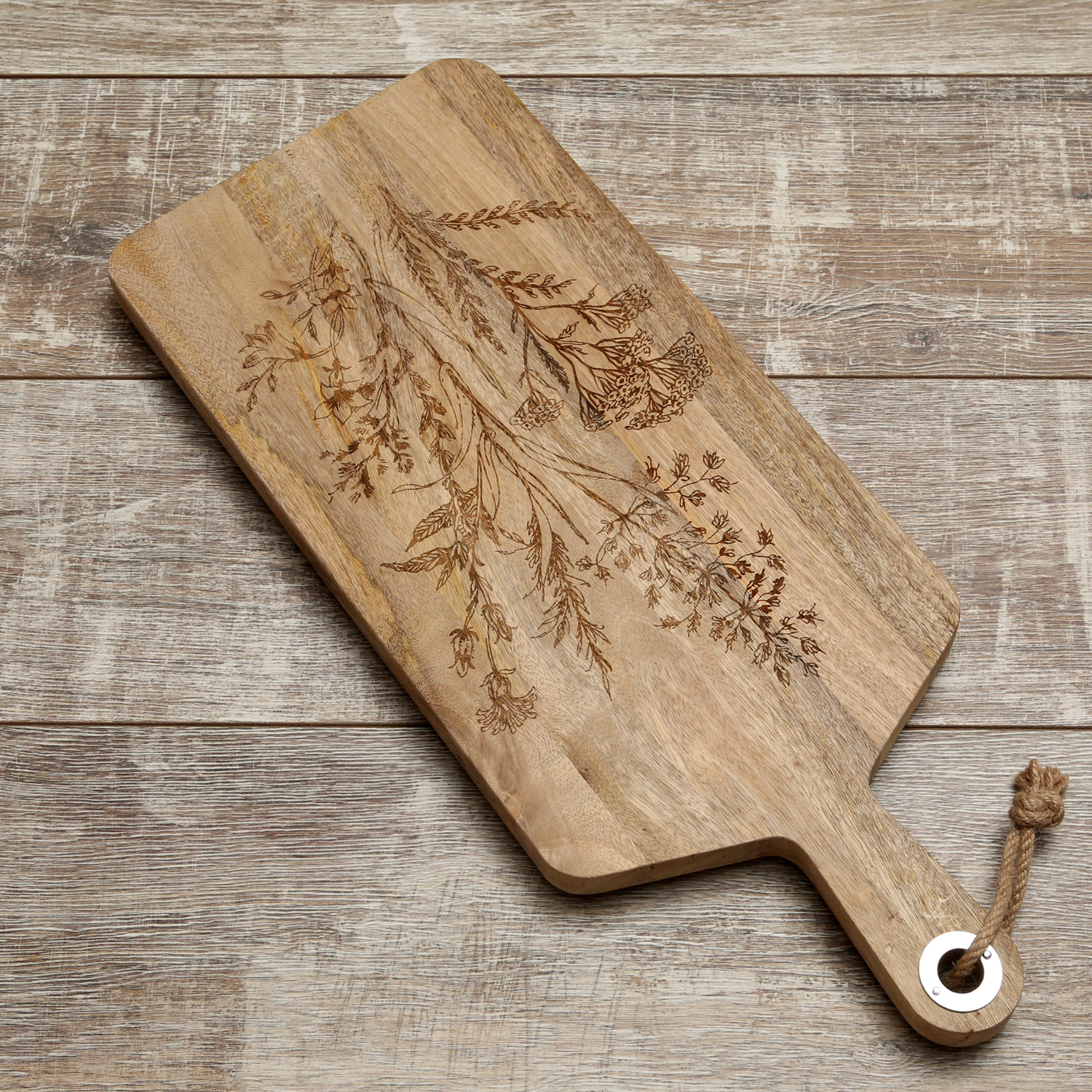 Schneidebrett - Servierbrett - Mangoholz - Kordel - L: 58cm - Wildblumenmotiv - natur