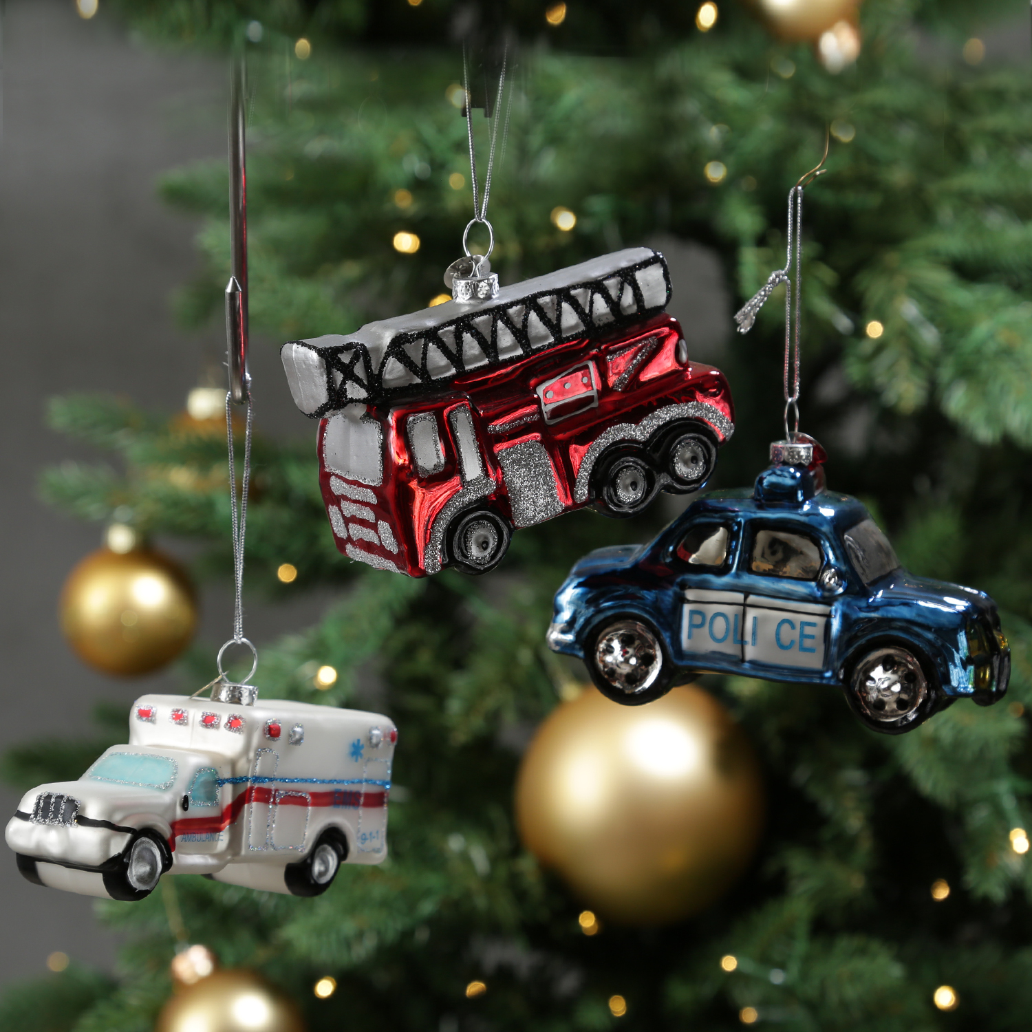 Weihnachtsbaumschmuck Feuerwehrauto - Christbaumschmuck - Glas - L: 11cm - rot