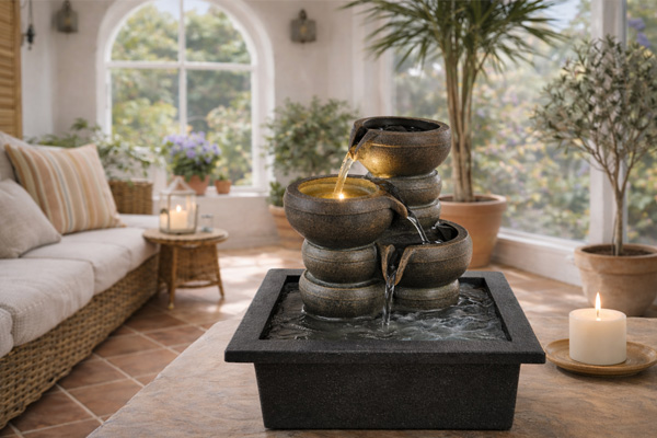 Kaskaden-Tischbrunnen mit LED Beleuchtung H25cm Zimmerbrunnen innen und außen