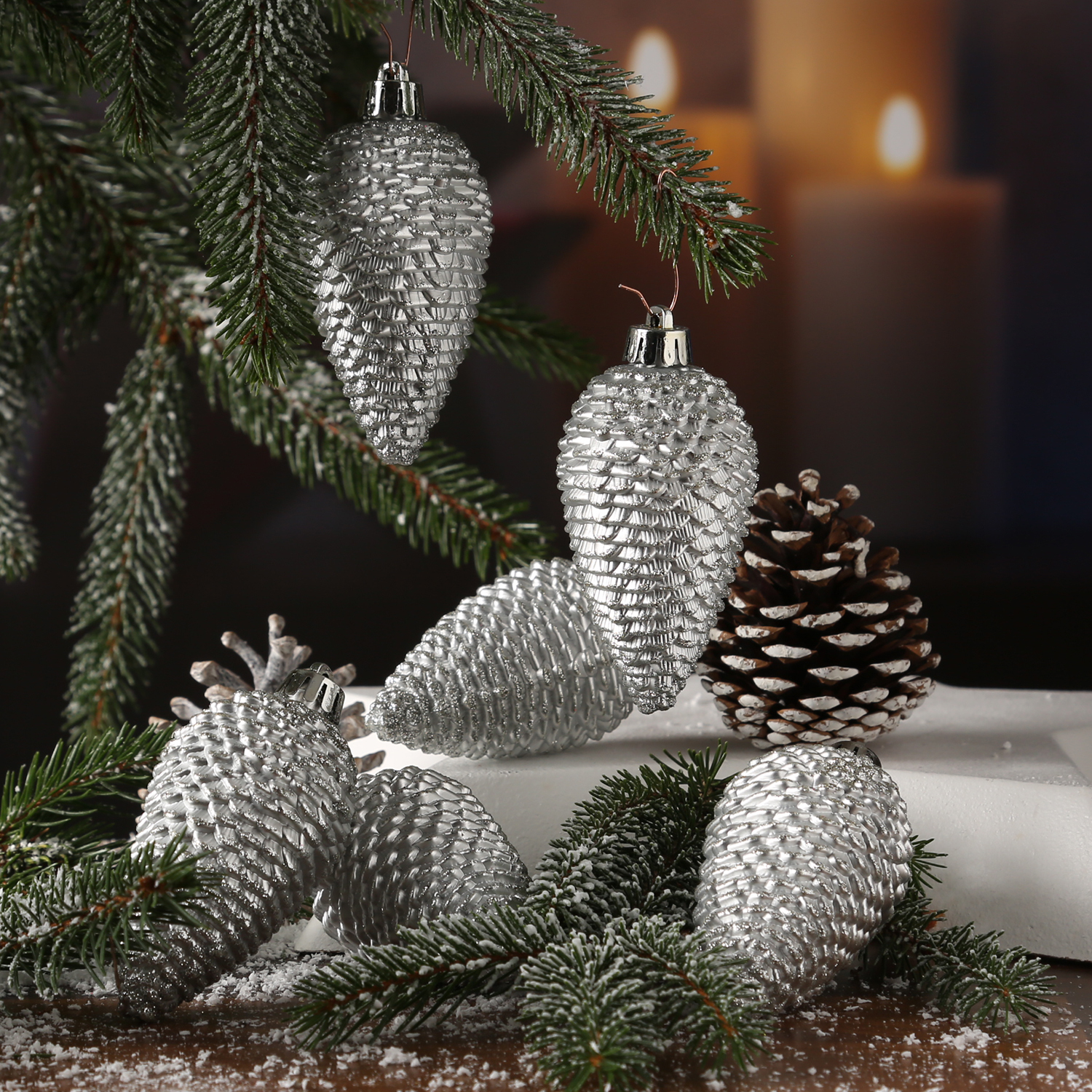 Christbaumschmuck ZAPFEN - Weihnachtsbaumschmuck - bruchfest - glitzernd - H: 8cm - silber - 6er Set Christbaumschmuck ZAPFEN - Weihnachtsbaumschmuck - bruchfest - glitzernd - H: 8cm - silber - 6er Set