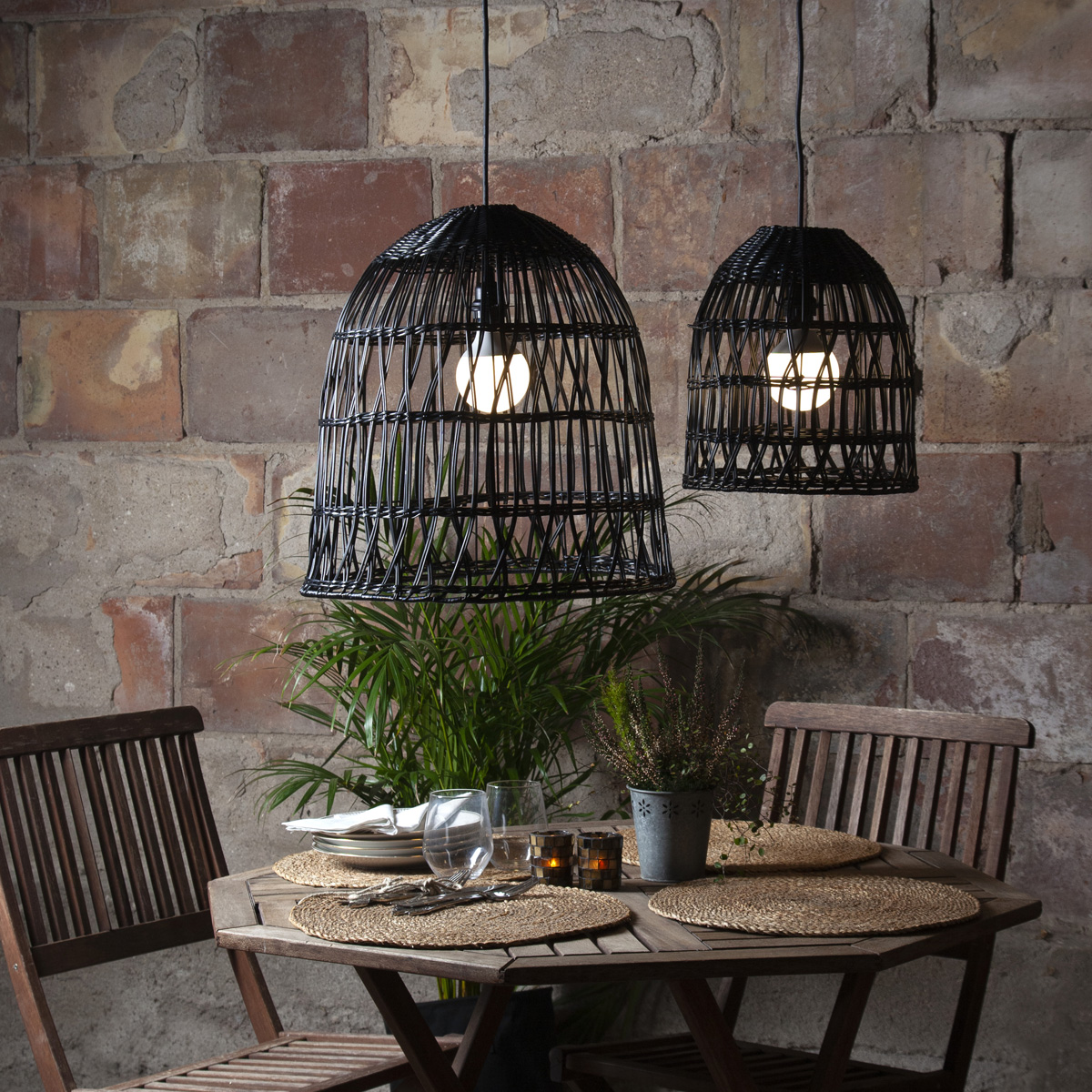 Lampenschirm BELL wetterfest - Rattan-Optik - mit E27 Kabelfassung - D: 48cm/H: 50cm - schwarz