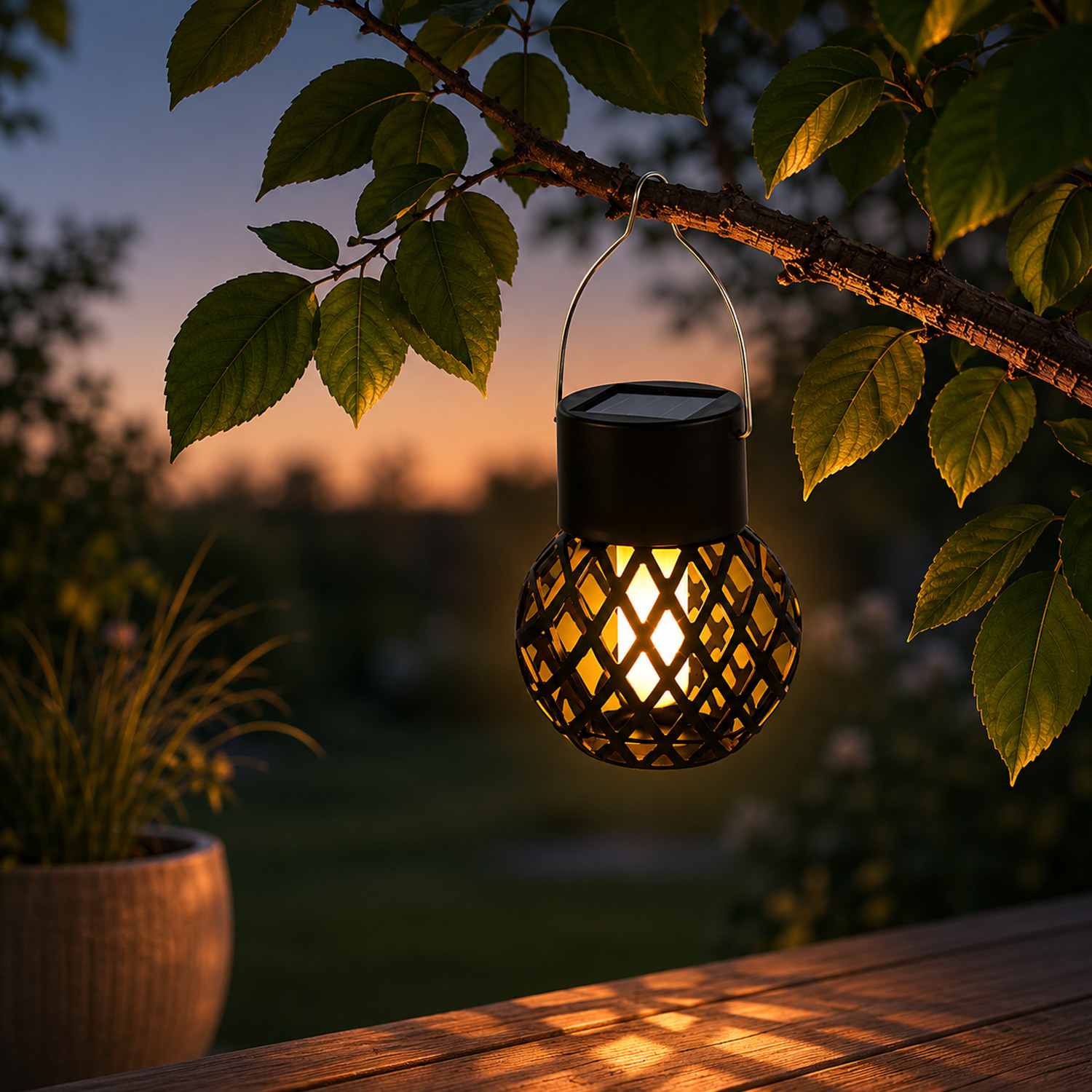 LED Solar Hängeleuchte Feuerball - Kugelleuchte mit Flammeneffekt - H: 9cm - Sensor - schwarz