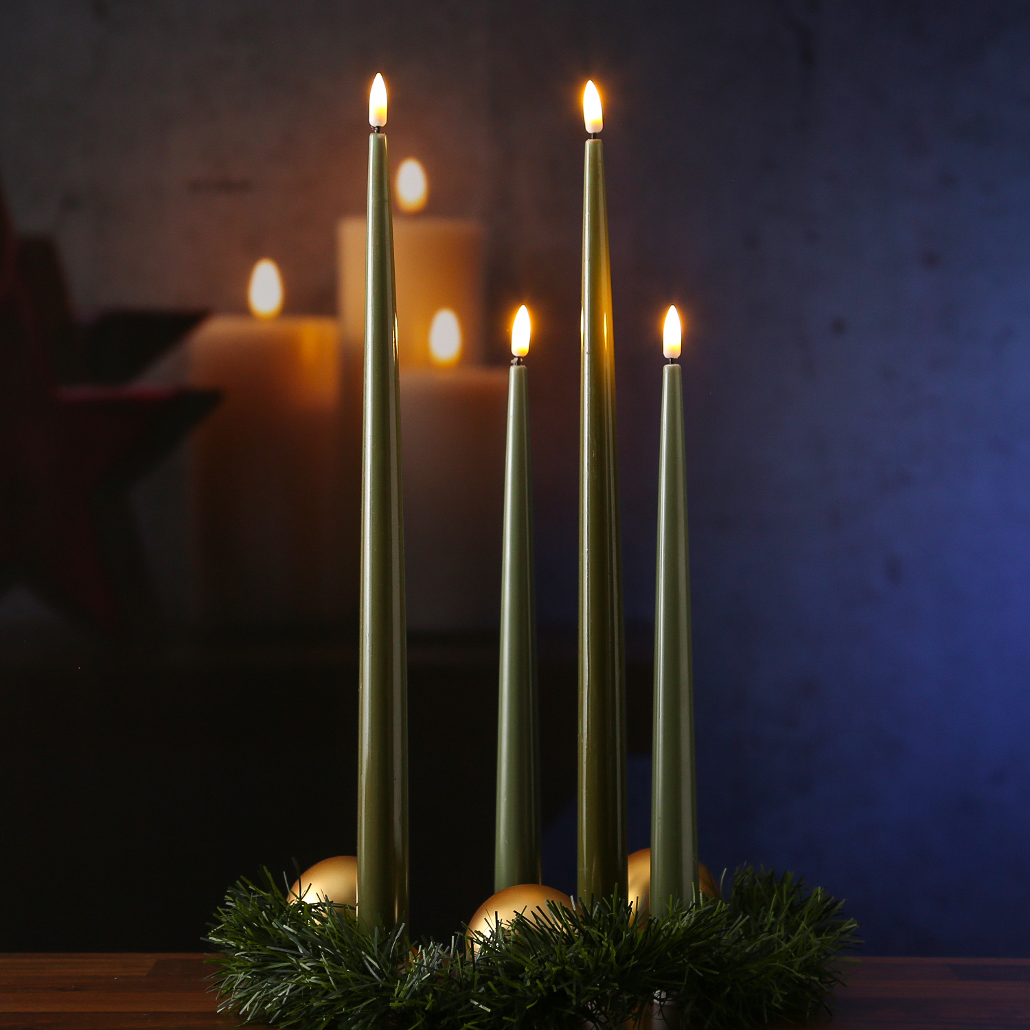 LED Stabkerzen ELLA - Echtwachs - realistische 3D Flamme - H: 28cm - olivgrün - 2 Stück LED Stabkerzen ELLA - Echtwachs - realistische 3D Flamme - H: 28cm - olivgrün - 2 Stück