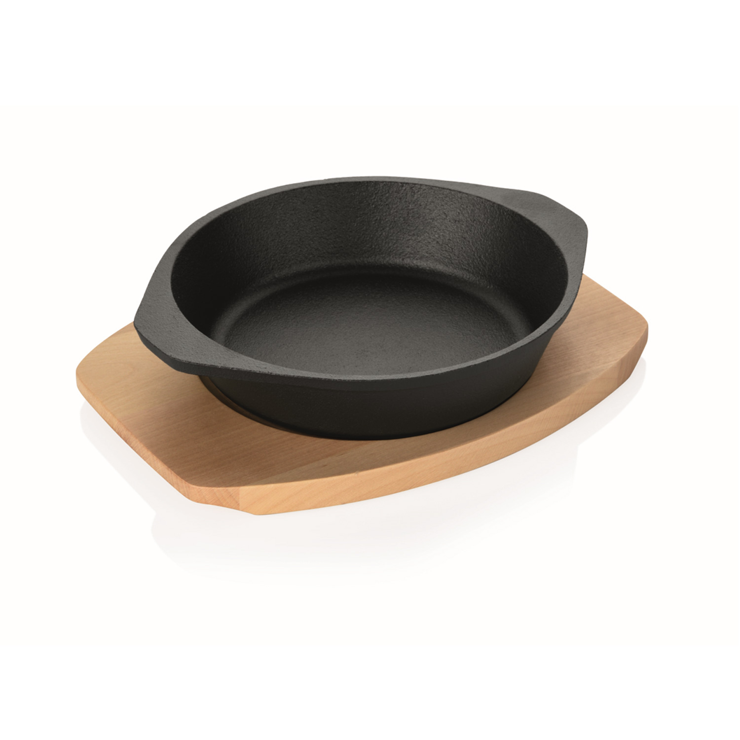 Gusspfanne mit 2 Griffen und Holzuntersetzer - Gusseisen -  - D: 18cm - Servierpfanne - rund