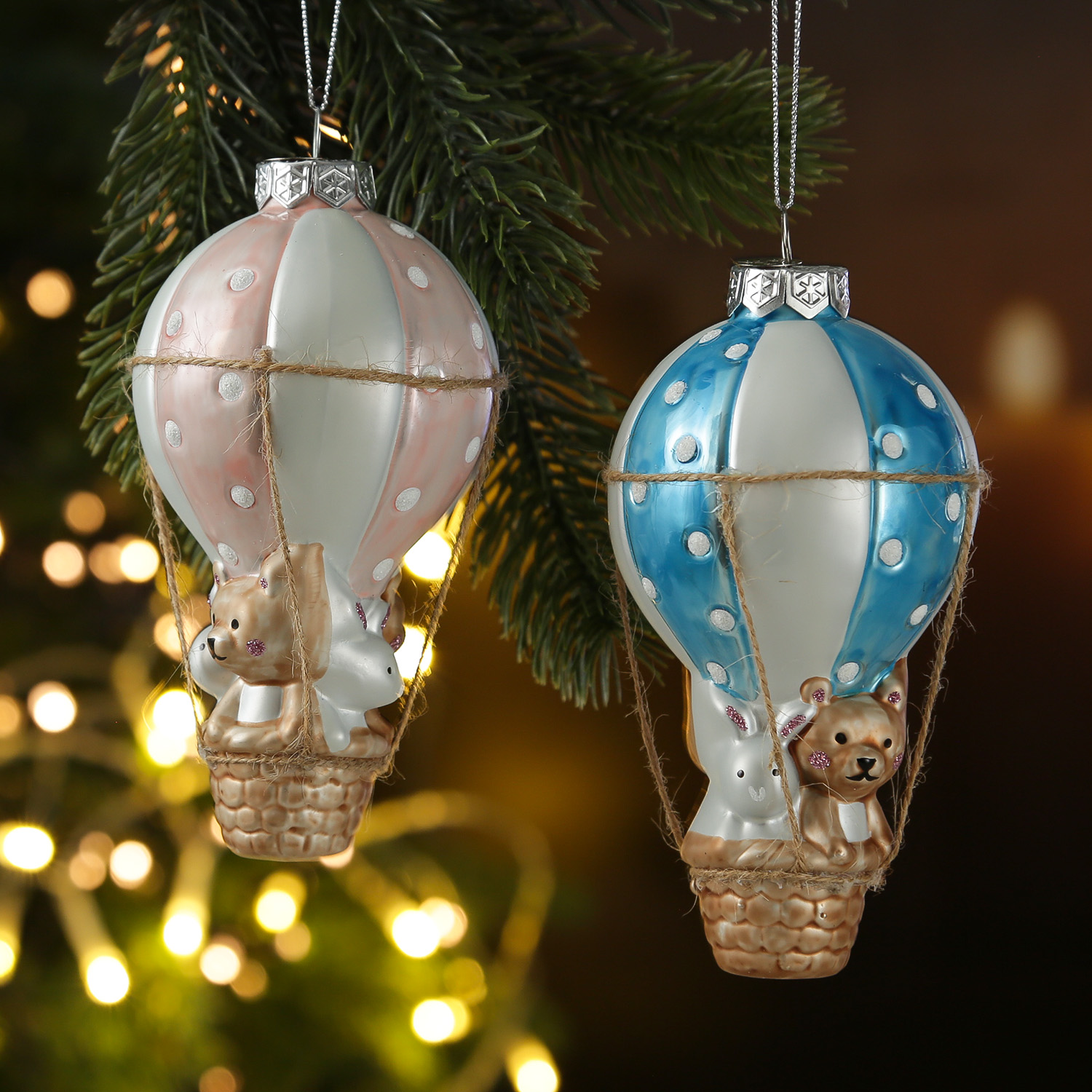 Weihnachtsbaumschmuck BALLON mit Bärchen und Hase - Glas - H: 13cm - rosa Weihnachtsbaumschmuck BALLON mit Bärchen und Hase - Glas - H: 13cm - rosa
