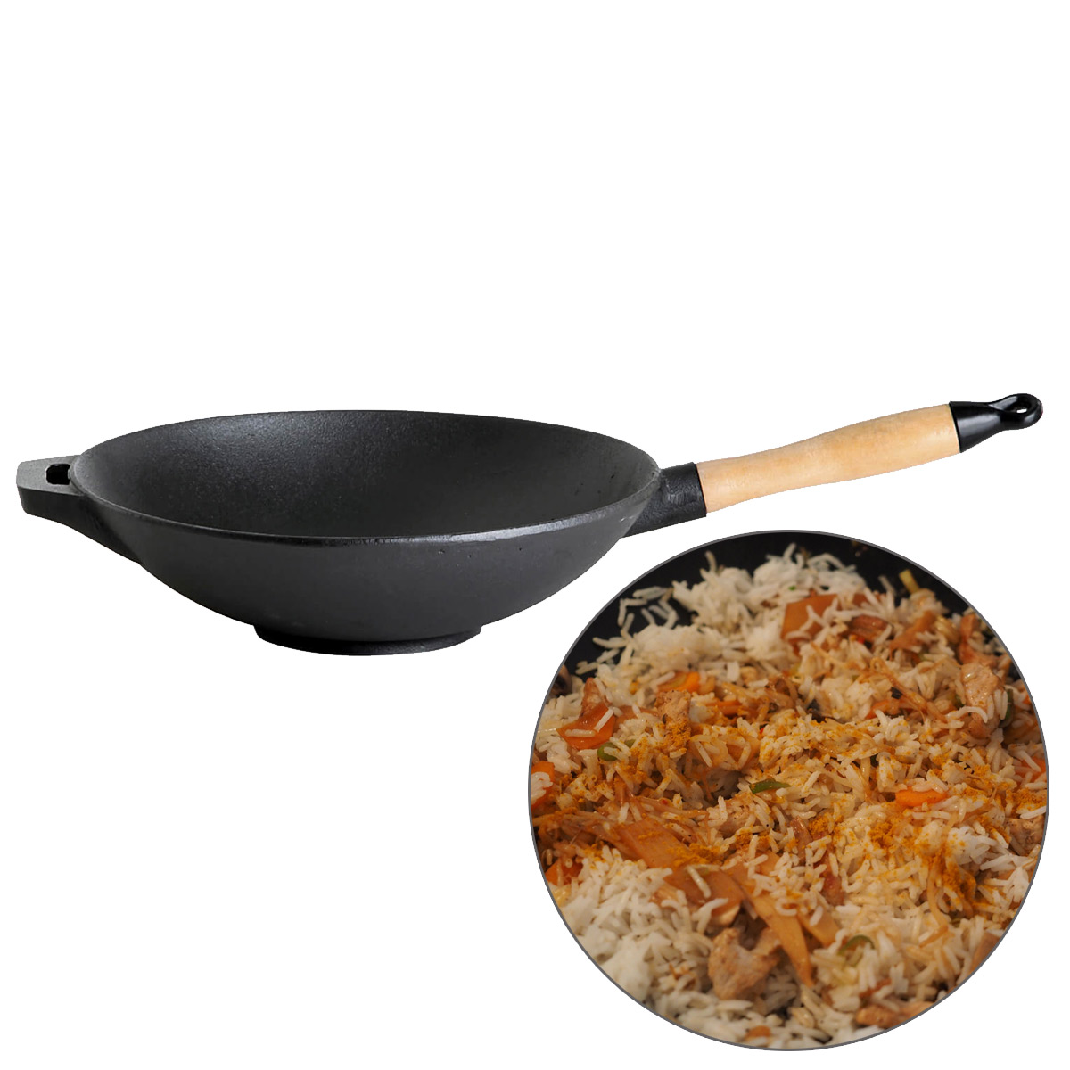 Wok aus Gusseisen mit Holzgriff - Ø 33cm, H_ 7,5cm