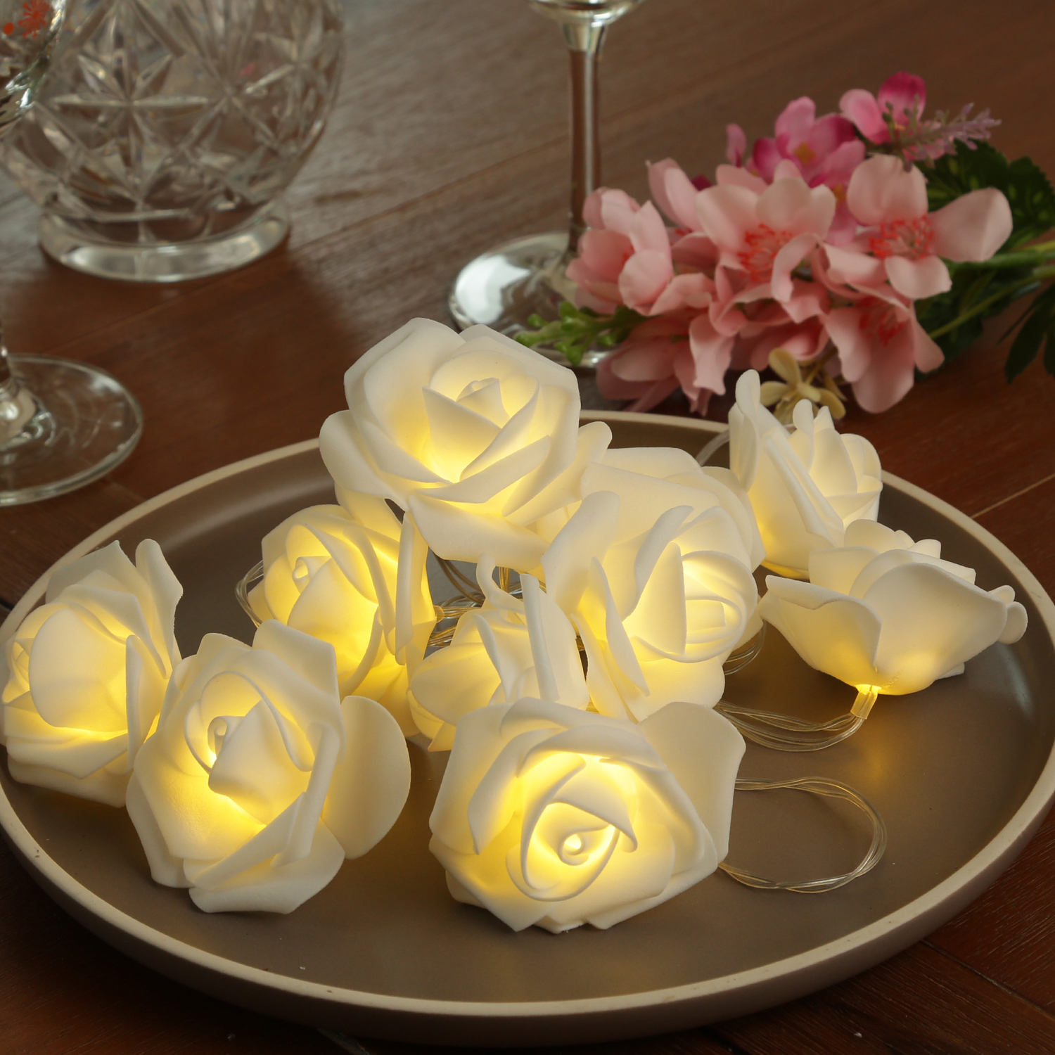 LED Lichterkette Rosen - 10 leuchtende Rosen - Timer - Batteriebetrieb - L: 1,8m - für Innen - weiß LED Lichterkette Rosen - 10 leuchtende Rosen - Timer - Batteriebetrieb - L: 1,8m - für Innen - weiß