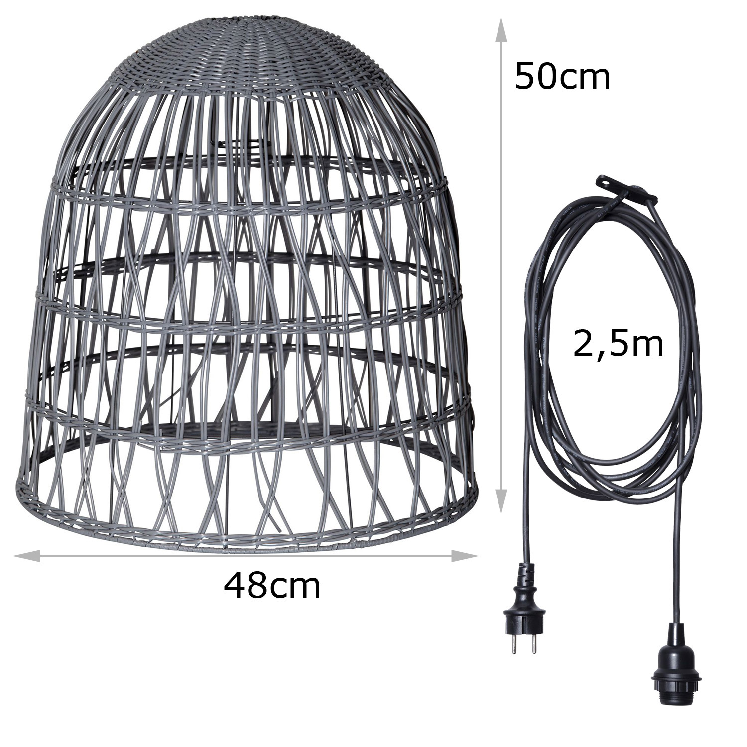 Lampenschirm BELL wetterfest - Rattan-Optik - mit E27 Kabelfassung - D: 48cm/H: 50cm - grau