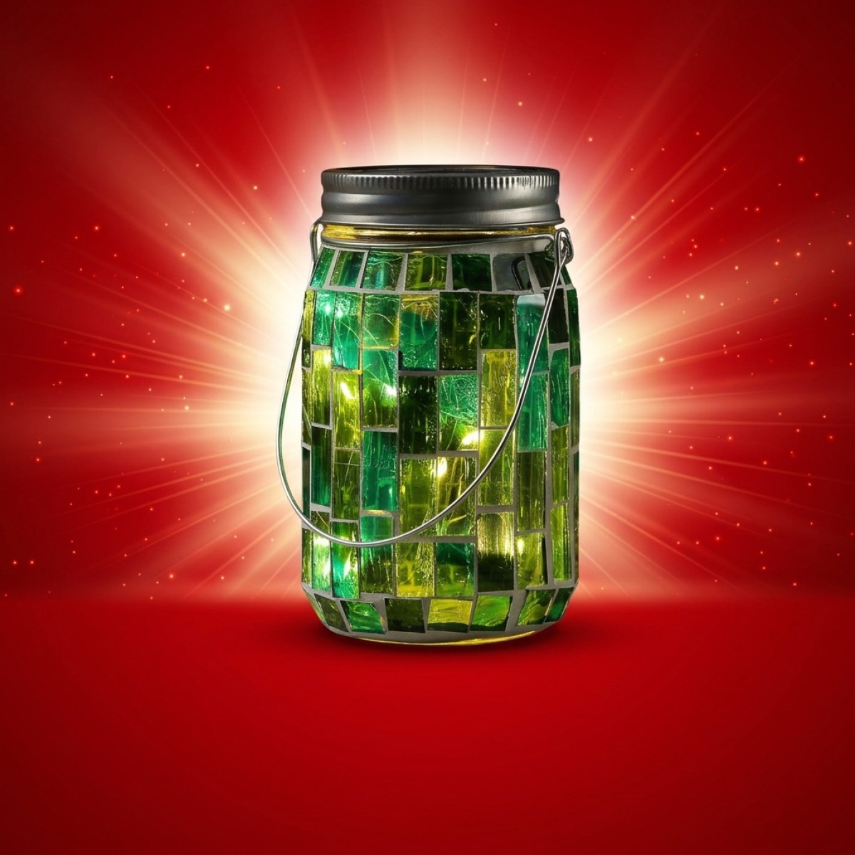 LED Solar Glas - Einmachglas mit Mosaiksteinchen - mit Henkel - H: 13,5cm - Lichtsensor - grün