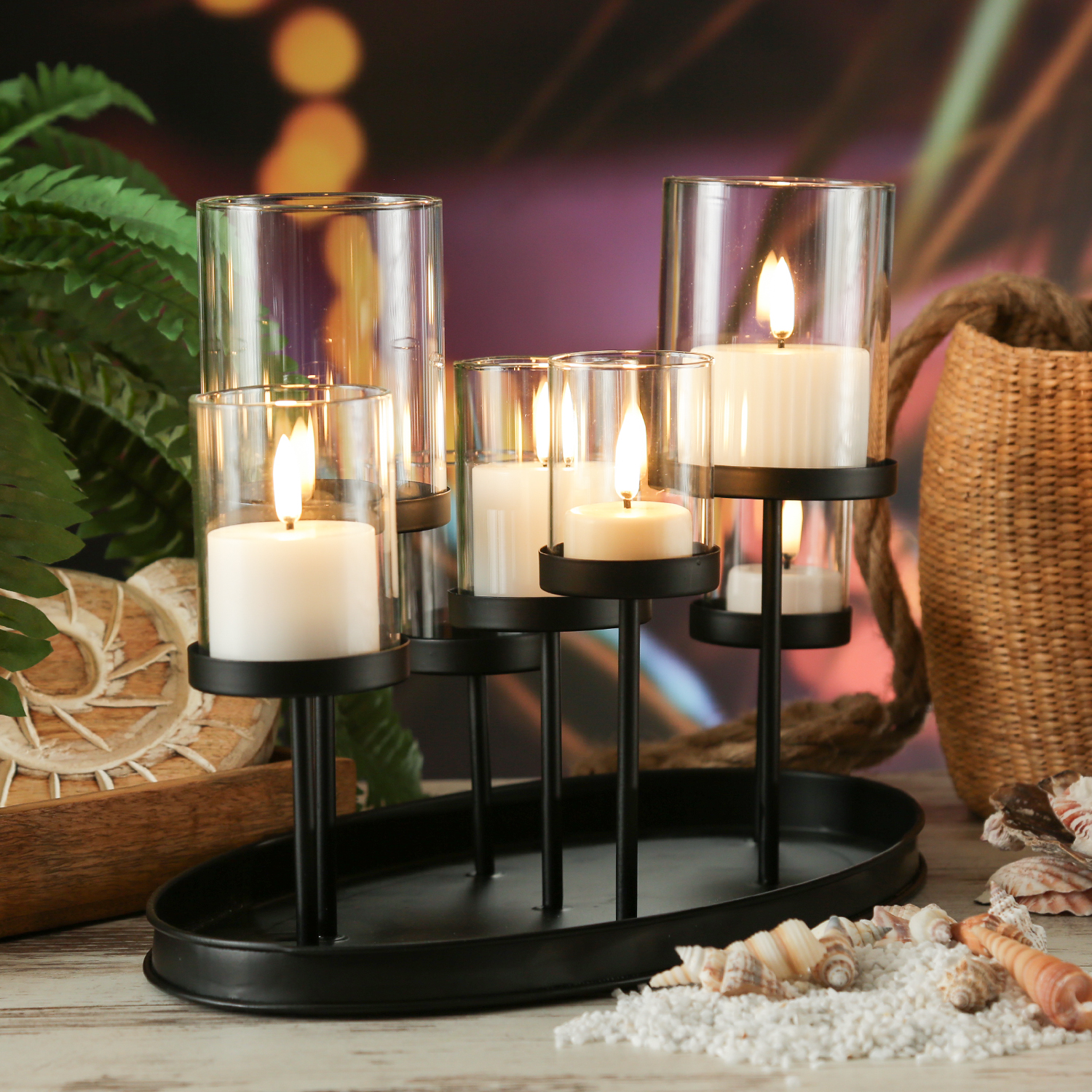 Glas-Kerzenhalter für sieben Kerzen - unterschiedliche Hoehen - ovale Metall Deko-Schale - schwarz