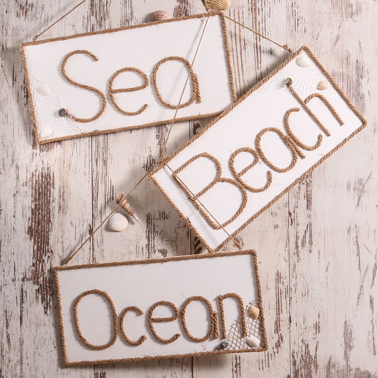Wandschild SEA - Holzschild - Wanddeko - Schriftzug aus Juteseil - Seilhalterung - H: 20cm Wandschild SEA - Holzschild - Wanddeko - Schriftzug aus Juteseil - Seilhalterung - H: 20cm