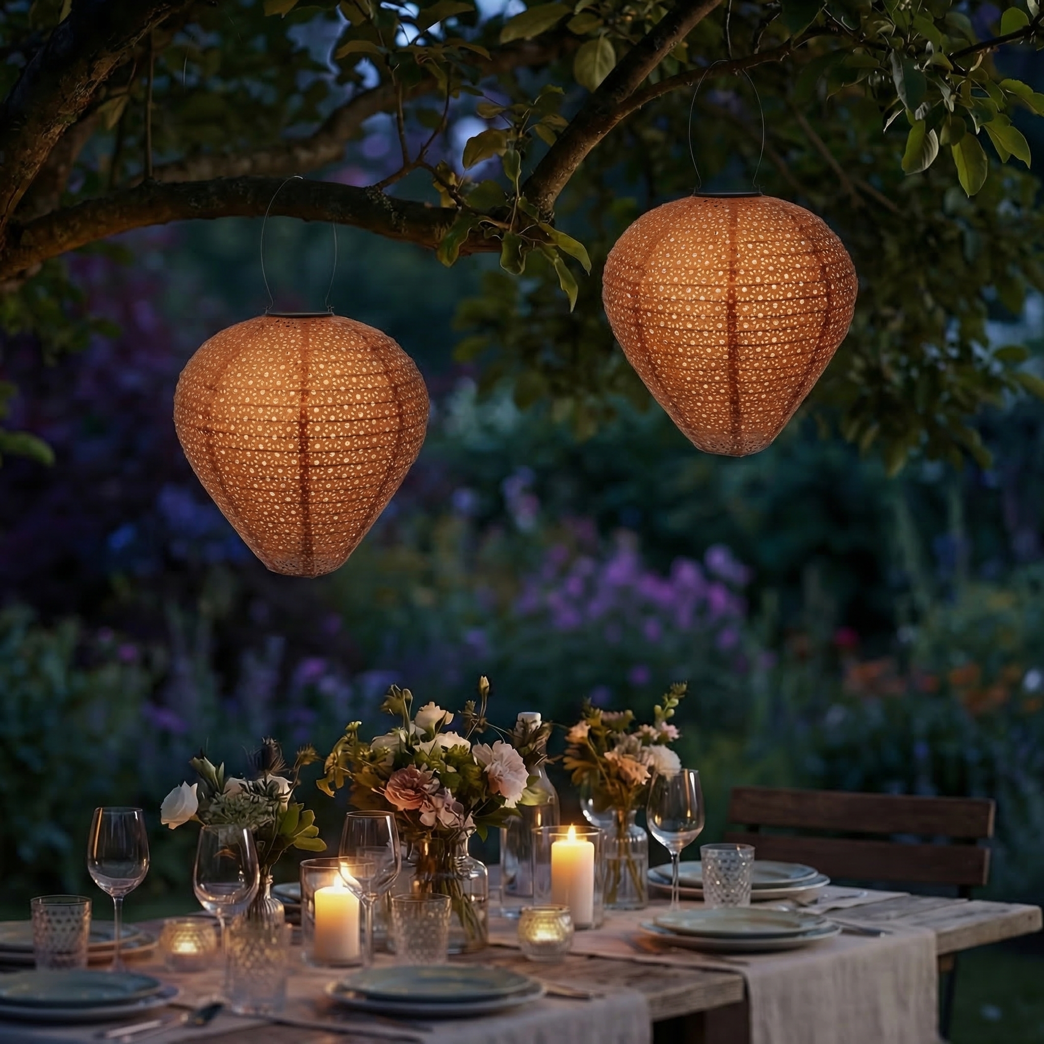LED Solar Lampion Ballon - mit Blumenmuster - H: 30cm - D: 30cm - Lichtsensor - braun - 2er Set