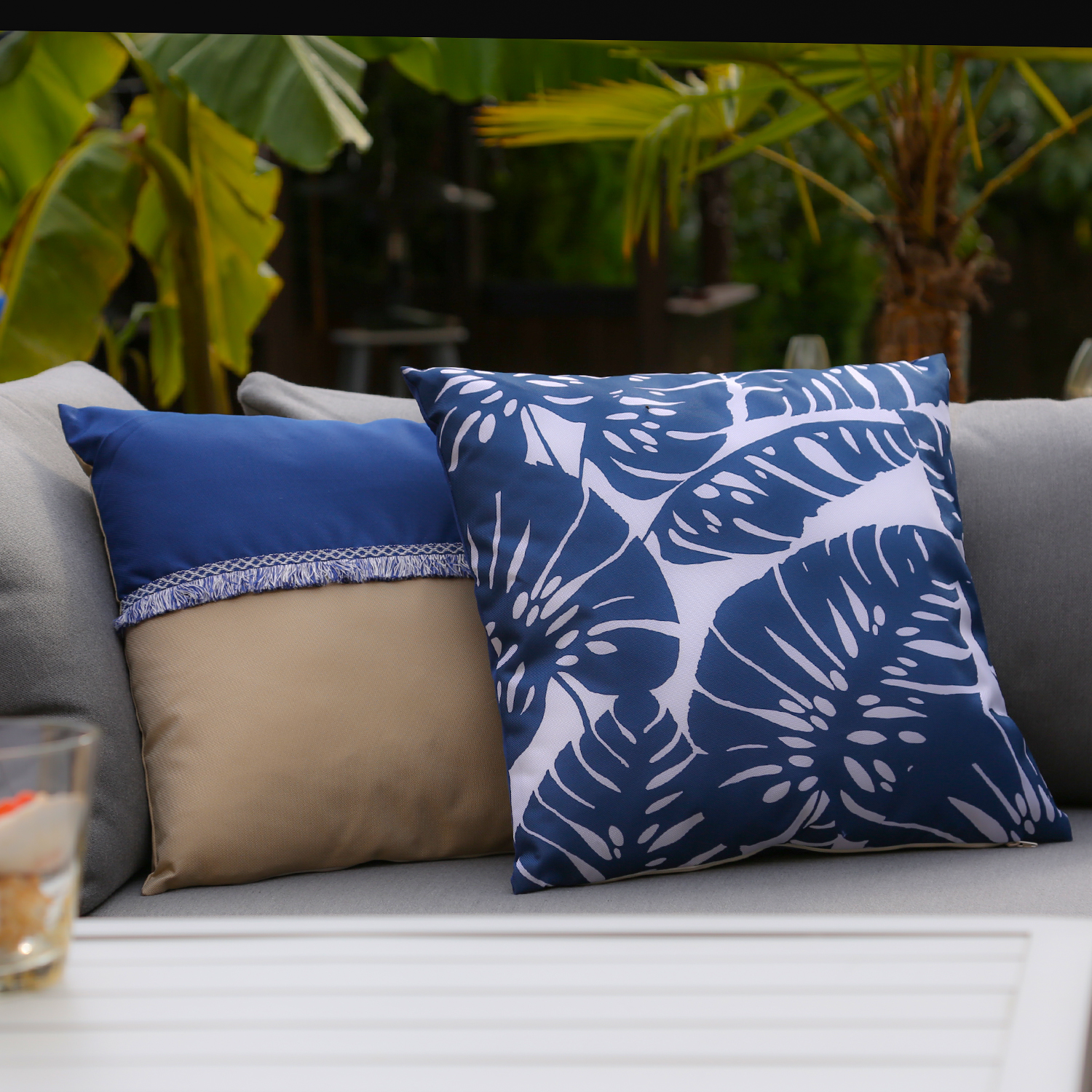 Garten Kissen - Polyester - wasserabweisend - L: 44cm - Außen - blau, beige