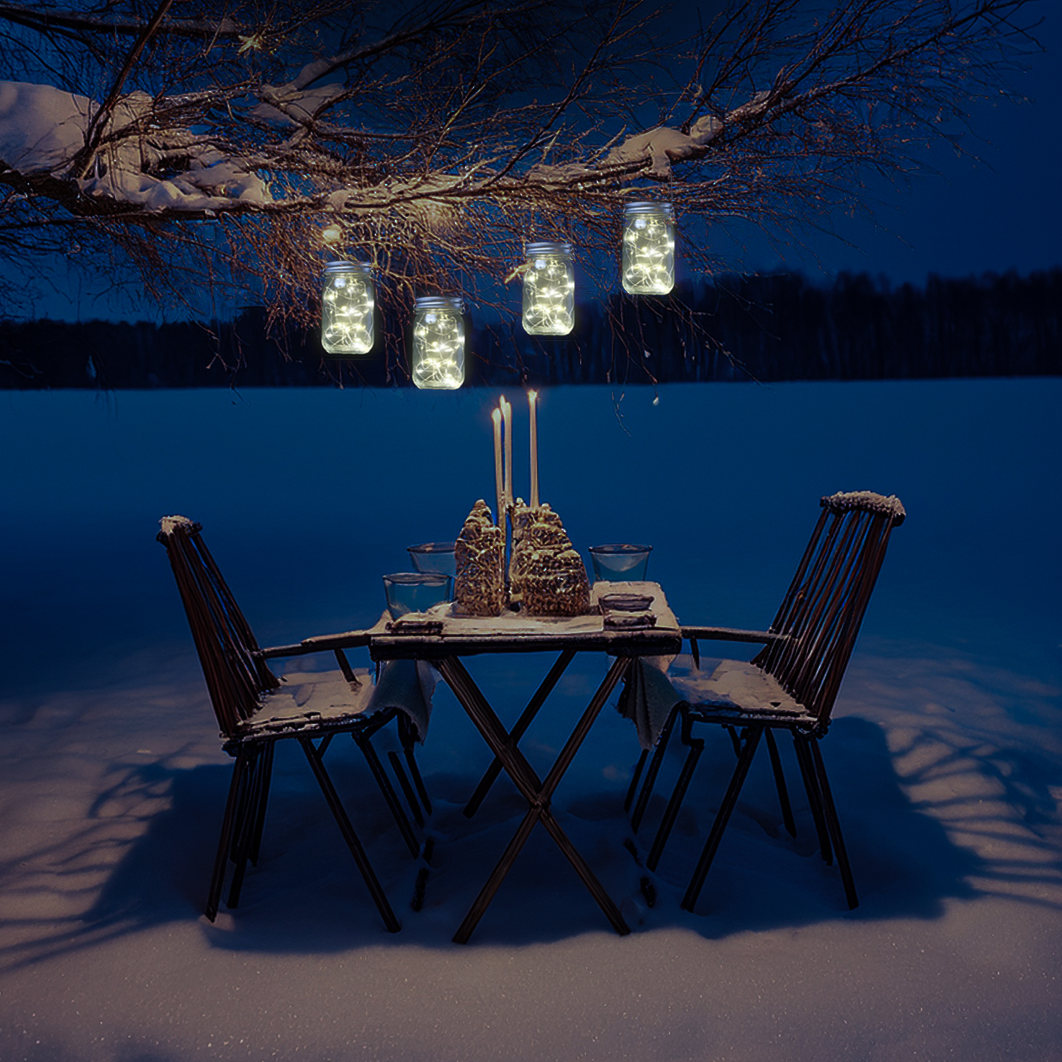 LED Solar Gläser - Windlichter mit Drahtlichterkette - Lichtsensor - H: 13cm - transparent - 4 Stück